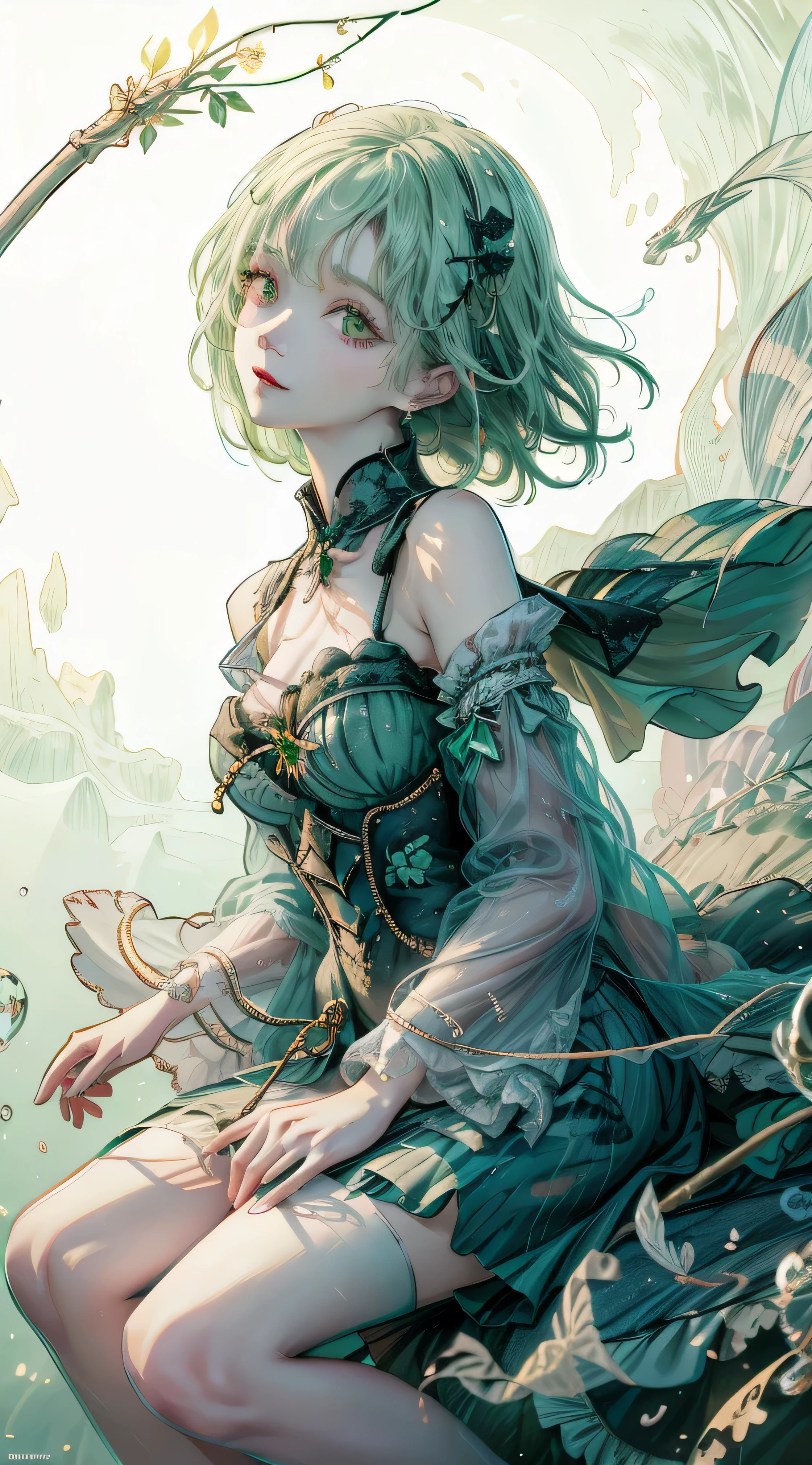  masterpiece,  top quality, in the seat,  Witch, ((( witch's hat))),  Magic Girl,Green clothes, Green messy hair, Green glowing eyes,  white skin, slender,  Magic Wand,   mischievous smile ,   high fantasy,  dreamy digital painting,  magical colors and atmosphere ,Soft light,   fantasy art  , Tiny Breasts ,((Glancing sideways)),,short, Wind Spirit,Green light