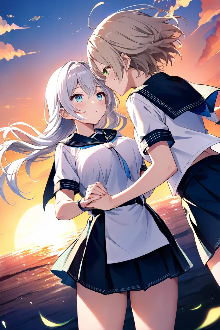 Two girls fight back、 and stare at each other、 deep kiss、頬をredらめ、( long hair、 Gold、Big Breasts、Green Eyes、Fleeting)、 high angle、( Silver Hair、Light blue eyes、 small tits、 short hair、Rin々Shii)、lily、 sunset sky、 hold hands、 sailor suit(Light Pink)、 miniskirt(red)、 Dutch Angle