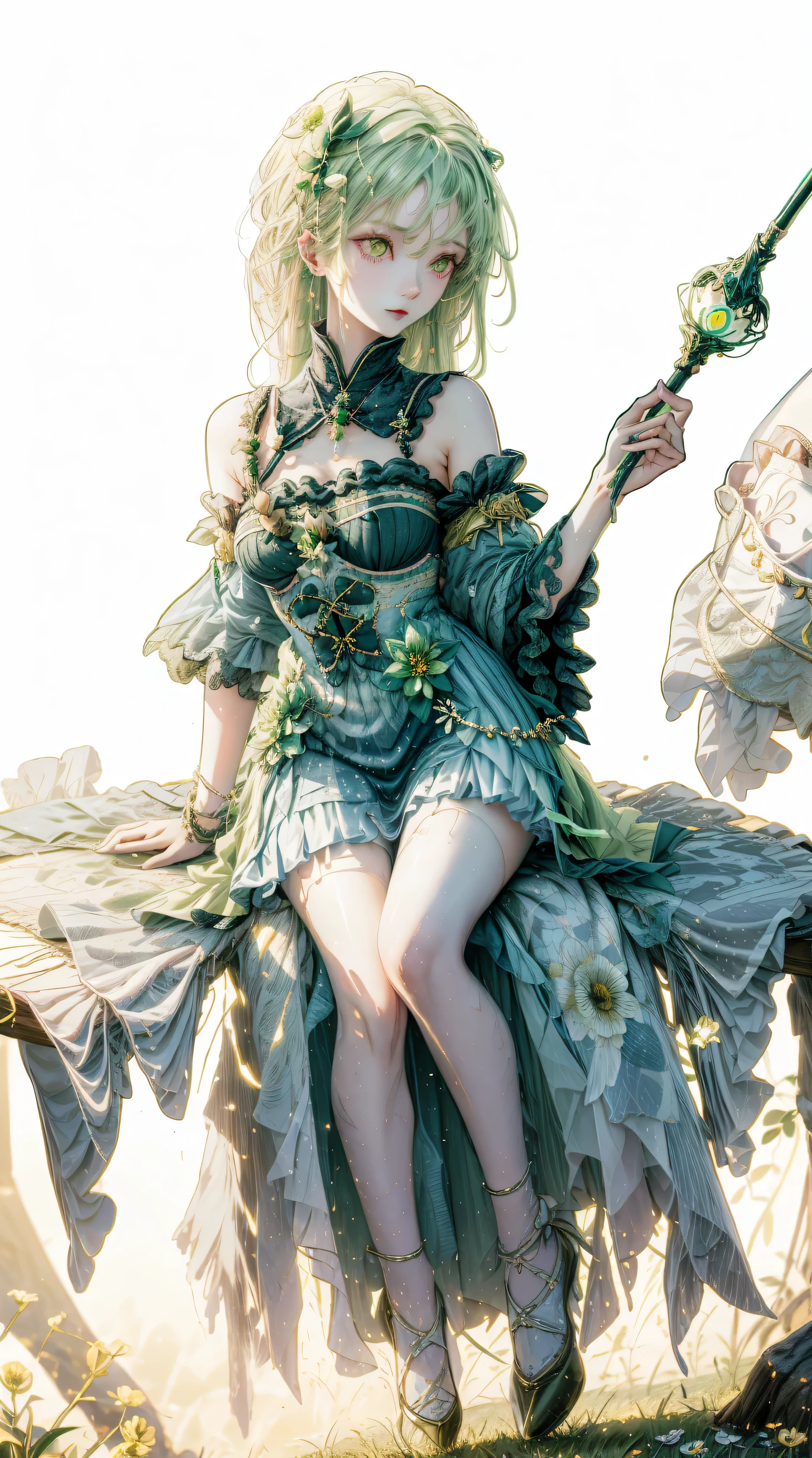 IN A BEAUTIFUL GREEN FOREST、Yellow-green flower field 、 masterpiece,  top quality, in the seat,  Witch, ((( witch's hat))),  Magic Girl,Green clothes, Green messy hair, Green glowing eyes,  white skin, slender,  Magic Wand,   mischievous smile ,   high fantasy,  dreamy digital painting,  magical colors and atmosphere ,Soft light,   fantasy art  , Tiny Breasts ,((Glancing sideways)),,short, Wind Spirit,GREEN LIGHT HIGH DEFINITION ,  top quality,  DETAILS ,  has won many awards,  very detailed,  , 
