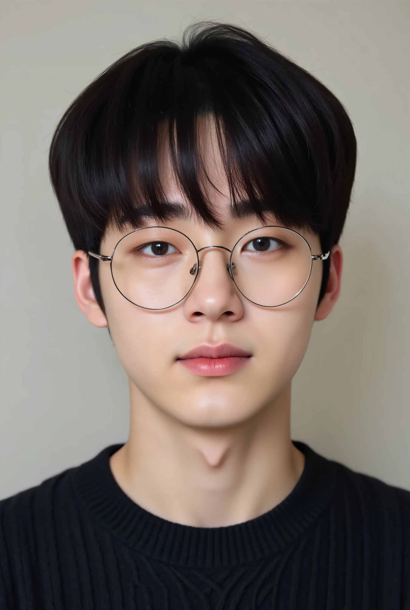 A young man with black hair styled in an upwards fringe hairstyle, slightly spiky and textured with a length of about 5 cm. He has an oval-shaped face with a clean, sharp jawline and soft, balanced facial features. His skin is smooth and clear with a natural complexion. He wears a simple, dark-colored sweater, giving him a minimalist and casual look and he is wearing a reading glasses. His expression is calm and neutral. The background is plain and neutral, keeping the focus on his facial details and hairstyle. The overall appearance is realistic and natural, with soft lighting enhancing his lifelike features.

