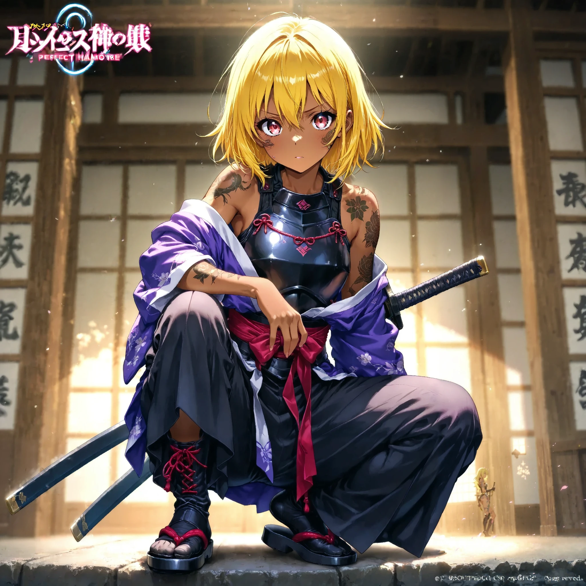 A beautiful samurai holds a Japanese sword、 random pose、yellow hair、 Brown skin 、armor 、 Japanese kimono、 perfect face、 Read more、 masterpiece, anatomically accurate , top quality, textured skin, full body tattoos /Japanese carving/、 Movie Lighting Effects , anime screenshot