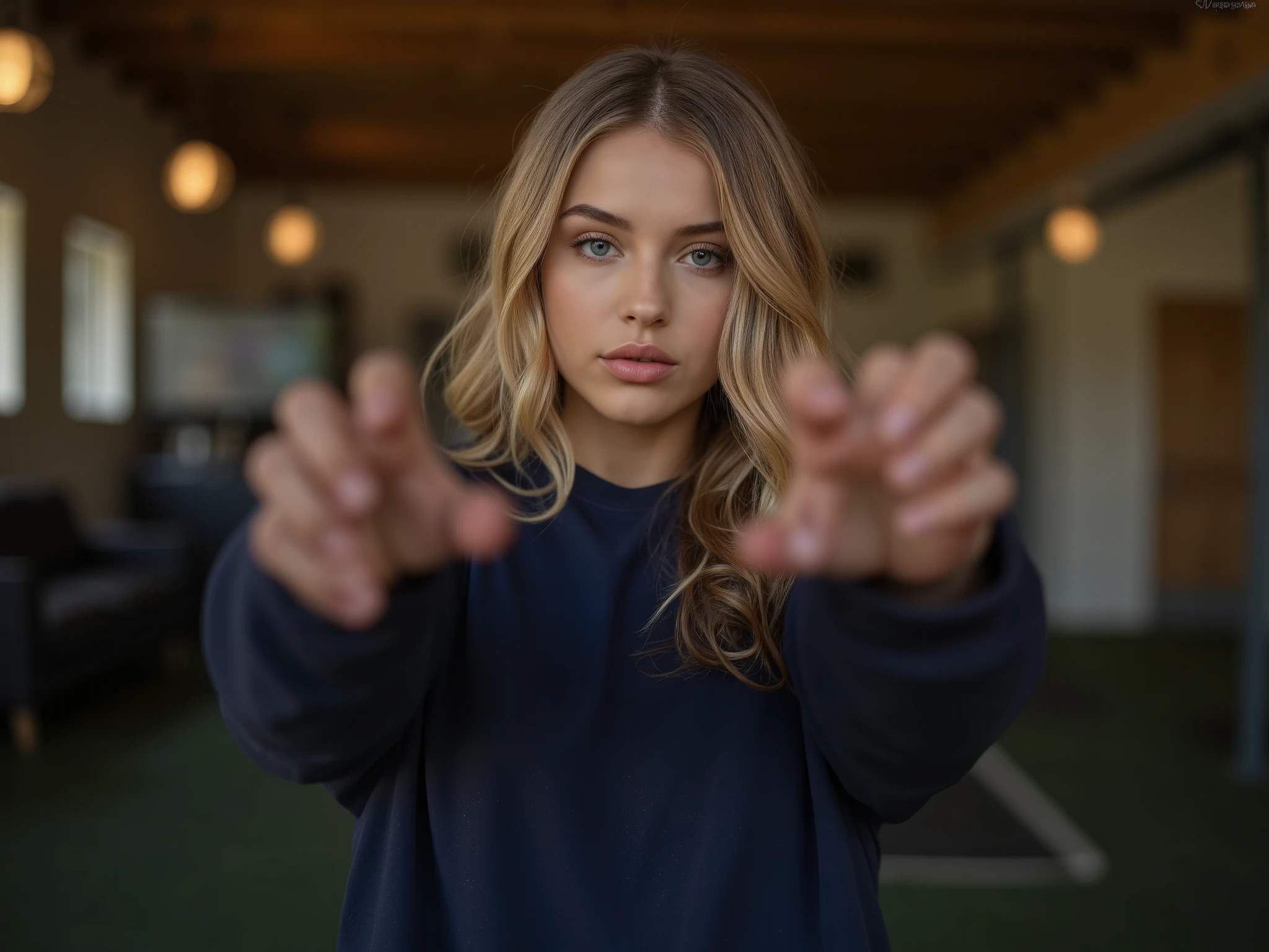 POV. First person. realistic photo . Intimate environment. A bit dim inside, warm lighting . POV staying in the home training gym, very early morning. We look forward. POV very close there is another , hot sexy blonde, athletic build, very beautiful cute European model young girl . Her face is focused, she's very serious, she looks very energetic. She's volleyball player skinny girl. She's wearing dark-blue ralph lauren oversize sweatshirt and light grey wide pants. Her extremely beautiful very wavy hair loose. The girl is staying very close to us and she reaches out with both her hands very closely, we can't see her palms, they are very very close to us like she tickle our armpits