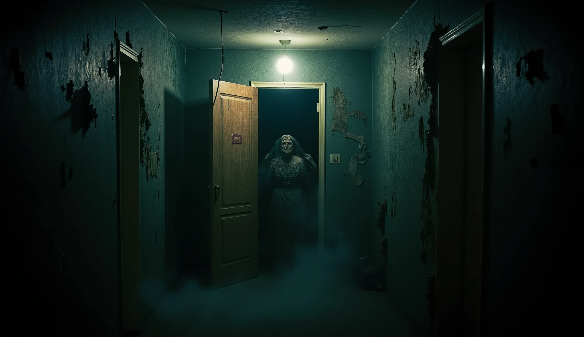 "A dimly lit, decayed hotel hallway stretches into the darkness, its peeling wallpaper curling like withered fingers. A single flickering lightbulb casts eerie shadows along the walls. The wooden door labeled 'Room 18' stands slightly ajar, revealing an unnatural darkness beyond. A faint, ghostly silhouette of a woman with hollow, glowing eyes and tattered Victorian-era clothing lingers just inside the doorway, her face twisted in an expression of sorrow and rage. The air appears heavy, as if the scene itself is suffocating under a paranormal presence. Subtle mist drifts along the floor, and the overall color palette is muted, with shades of deep blue, gray, and sepia. The atmosphere is chilling, evoking fear and unease."