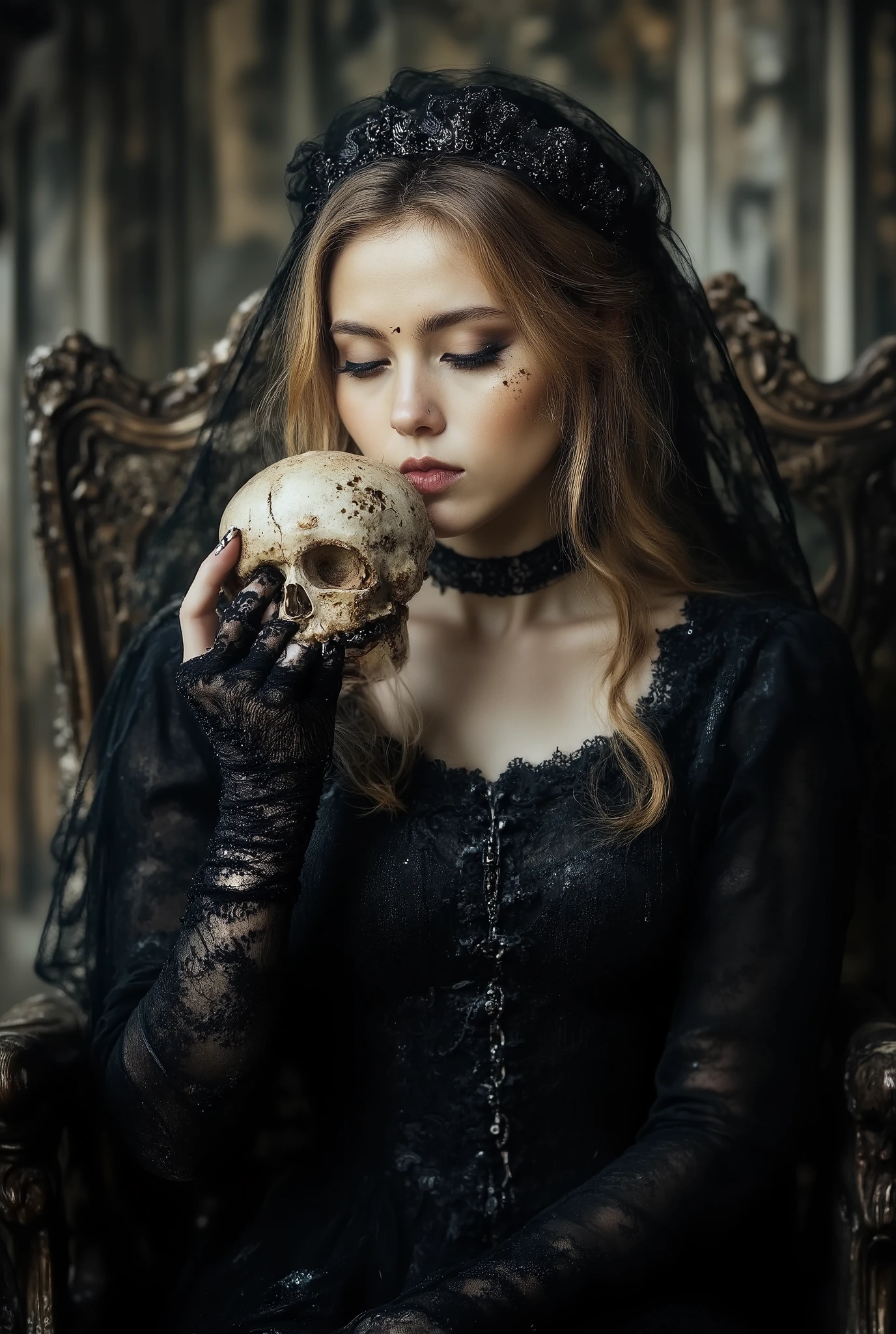 Love Beyond Time, High Quality, Gothic Horror, One Girl, Solo, Beautiful Woman, Queen of the Night, Dark Empress, Long Blond Hair, Long Eyelashes, Closed Eyes, Narrow Face, Mole Under Eye, Moist Lips, Slim Body, Medieval European Black Dress, High Neck, Choker, Long Sleeves, Lace Gloves, High Heels, Black veil, empty hall, sitting on throne, kissing skull in hand, close-up of skull and woman's face,