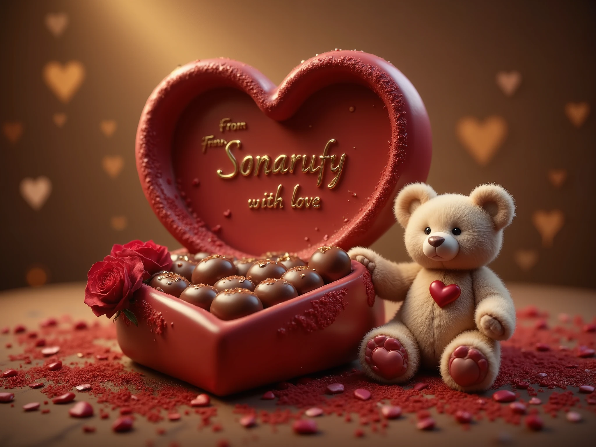 (best quality, 128k,highres,masterpiece:1.2),ultra-detailed,(realistic,photorealistic,photo-realistic:1.37), ((masterpiece)) ((photography)) ((Highest quality)) A luxurious big heart-shaped chocolate box, elegantly crafted with a deep red velvet texture and gold detailing. The lid is slightly open, revealing an assortment of small chocolate truffles with rich textures—some dusted with cocoa, others topped with delicate gold flakes. Next to the box, a beautifully fresh red rose with velvety petals rests gracefully. A soft and adorable teddy bear, light brown with a cute embroidered heart on its chest, sits beside it. The text "From Sonarufy with love" is written in large, elegant cursive script with a golden shimmer, adding a touch of sophistication and romance. The background is softly blurred with warm, ambient lighting for an intimate and cozy atmosphere.