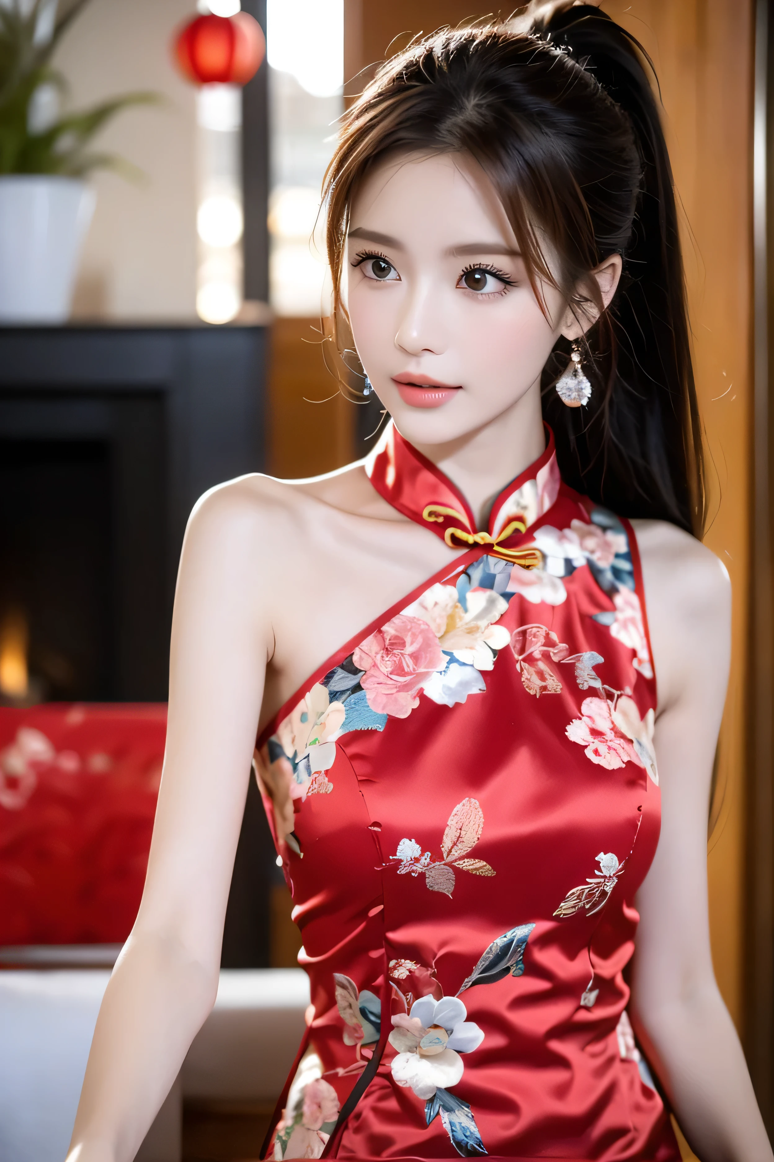 Red tight-fitting short cheongsam with floral pattern,Perfect body,Nice face,15 year old beautiful girl,Pull up the hem of the cheongsam to reveal your underwear,slim face,flower hair accessories,legs spread,There is thick liquid flowing down the inside of the leg,The front of the cheongsam is soaked,transparent underwear