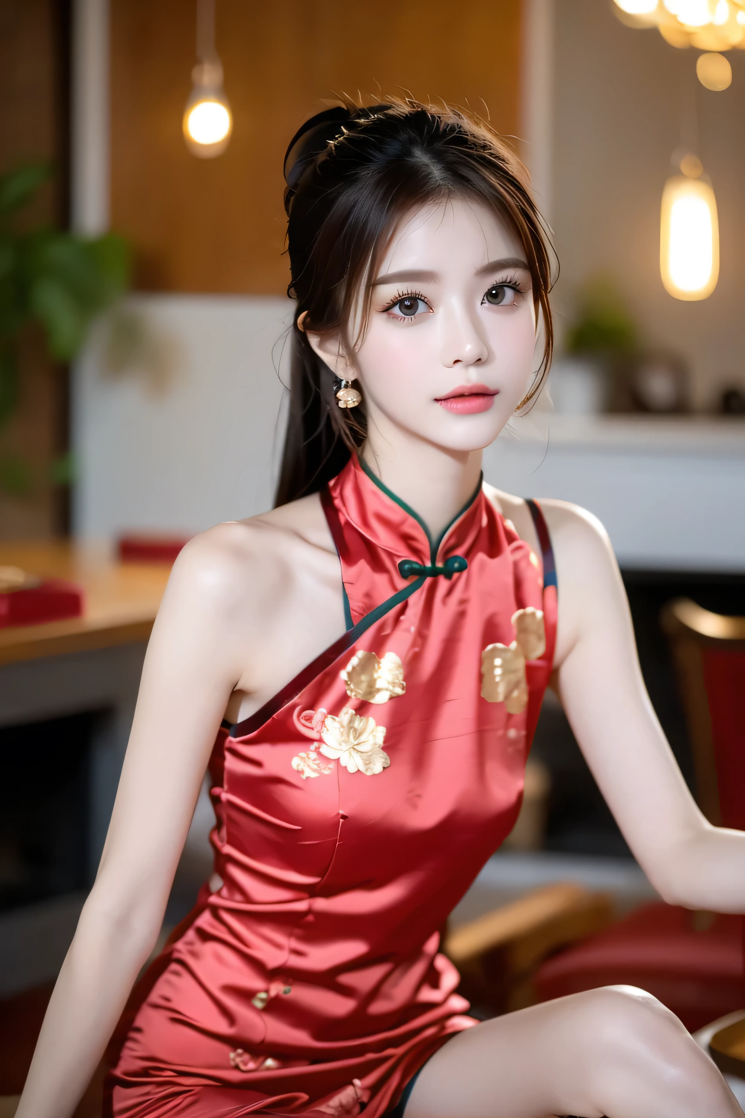 (Highest quality:1.4),(masterpiece:1.4),(Realistic:1.4),(Realistic:1.2),(超High resolution, RAW Photos:1.4),(High resolution, Very detailed:1.2),(8k:1.2),Movie Photos,a photo of a dark-haired,One Girl,alone,wear ,((China dress))、((Upper Body:1.3))