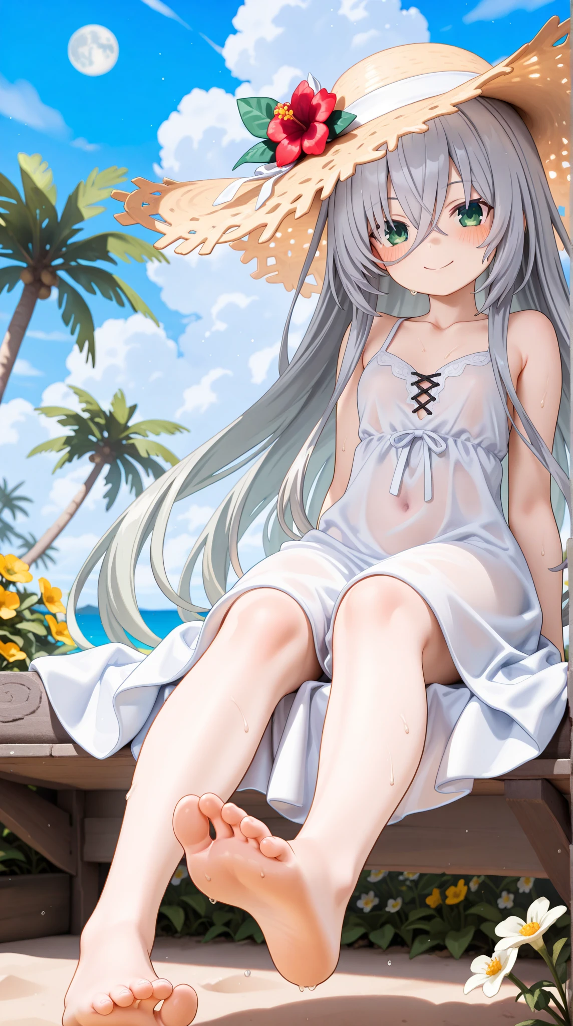 Highest quality, High resolution, Very detailed, Detailed Background, Perfect lighting, Beach, Happy, White Dress, Gray Hair, Twin tails, Long Hair, Hair Ribbon, View your viewers 、blush、Thighs、Wind buoyancy、Raise your hand