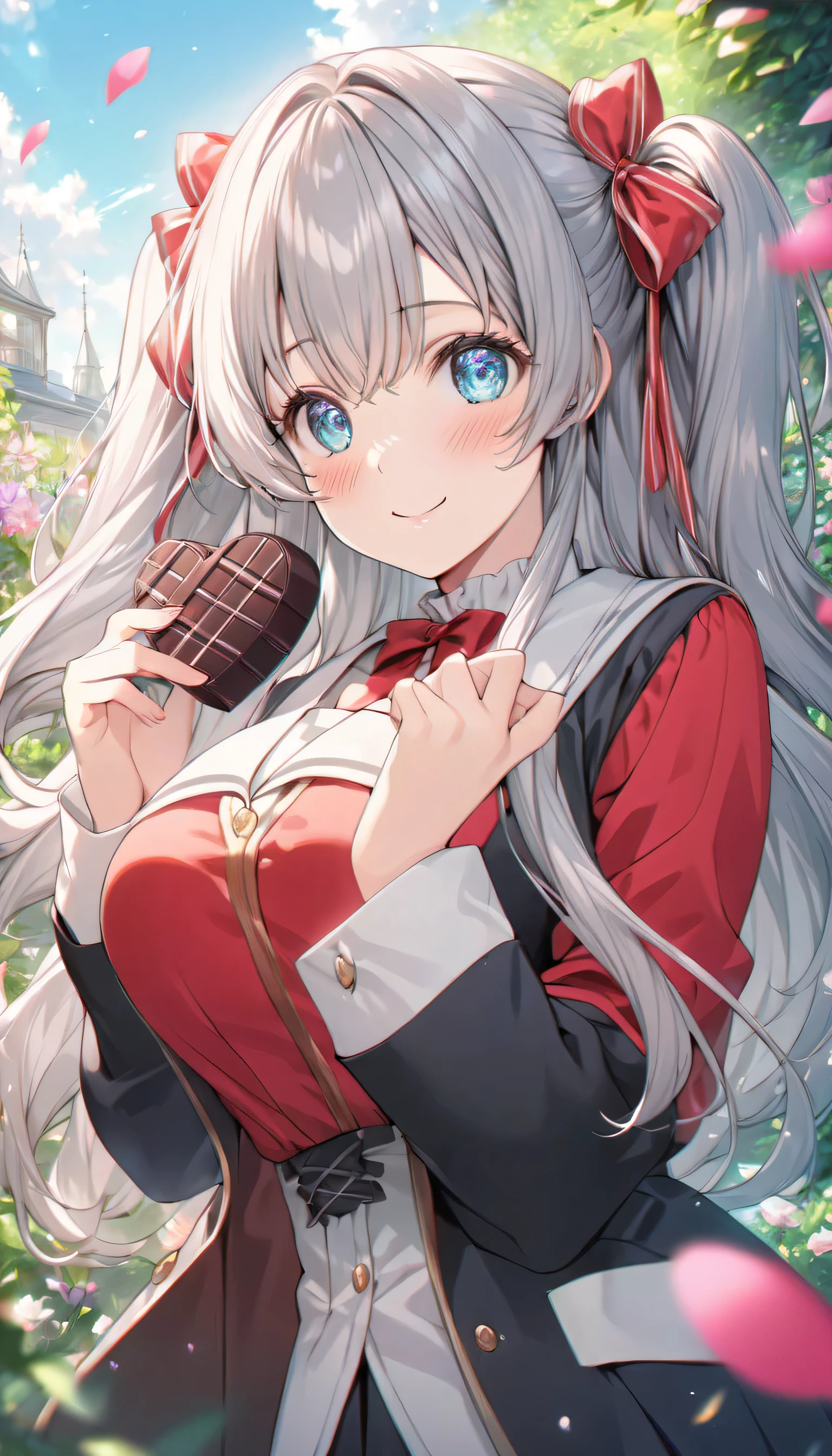 ((ultra-detailed)), (highly detailed CG illustration), (best quality:1.2), ultra-highly detailed, colorful composition, artistic photoshoot, 1girl, solo focus, ((upper body:1.4)), moe anime character,  girl, dainty facial structure, (bab(round face), ((rounded chin:1.2)), ((ideal ratio body proportions)), celia-default, celia claire, (blue eyes), sparkle eyes, silver hair color, two side up, ((hair ribbon with red), (deep royal blue and white strips hair ribbon), ample breasts, school uniform, black blazer, modern style with fitted jacket,  red neck bow, long sleeves white  shirt, black pleated skirt, and black high socks, ((look of anticipation)), ((shy:1.4)), ((blush:1.4)), ((bashful:1.4)), ((excited)), ((full-face blush:1.4)), ample breasts, ((giving Valentine's chocolate)), ((chocolates in a heart box)), petals glowing and fluttering, standing by the victorian garden with flowers, beautiful detailed sky, dynamic pose, looking at viewer, best quality, masterpiece, looking up, expecting, pink cheek, blush, light pink gloss slip, portrait, depth of field, soft lighting, sidelighting, (shine), lighting, caustics, ray tracing, smile, perfect face, lustrous skin, highly detailed face, highly detailed eyes, perfect face, perfect nose, perfect hair, perfect eyes, perfect anatomy, beautiful hair, beautiful small face, extremely detailed face, beautiful detailed eyes, beautiful clavicle, beautiful body, beautiful huge breasts, leavage, breasts squeezed together, equalize the size of the left and right breasts, beautiful fingers, 4 fingers, 1 thumb, lovely, (very detailed background:1.0), (highly detailed background:1.0), spring aesthetic, intricate details, love atmosphere, spring colors palette, chromatic aberration