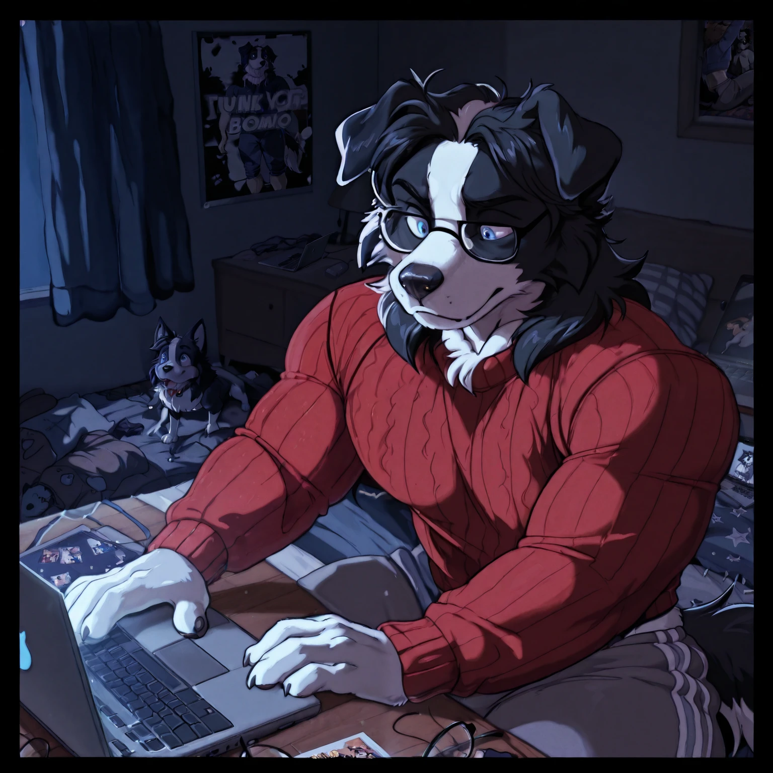 Dog furry, border collie furry, blue eyes, dog, man messy clothes, man, masculine, border collie features, sweater, sweatpants, messy bedroom, incel bedroom, solo, incel, glasses, buff, masculine clothes, man, dark, gamer bedroom, laptop, muscular