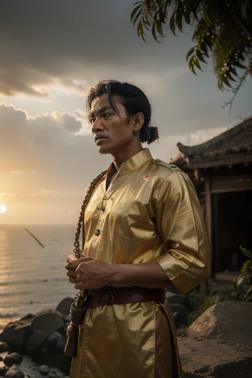 a 30-year-old asian man with a clear face, stunning body, holding a Thai traditional oboe, dressed in a lower Thai traditional red loincloth with gold ornaments on the neck and left upper arm, mesmerizing messy hair, standing by the sea, clear sky, distant islands, mermaid swimming in the sea, sad expression