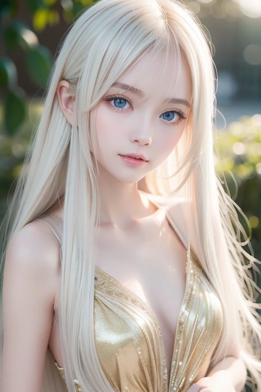 Light Smile、night、Live Shooting、(((Ultimate Beauty Portrait)))、((Glowing Skin))、1 person、Beautiful girl from Prague、Bright expression、((Platinum Blonde Hair))、[Large, bright blue eyes like jewels]、Shiny, glossy skin、Silky super long straight hair、eyeliner、Beautiful bangs、Hair between the eyes、((masterpiece、最high quality、Super detailed、Film Light、Intricate details、High resolution、Very detailed))、Detailed Background、8 KUHD、Digital SLR、Soft Light、high quality、Film Grain、Fujifilm XT3 、Shallow depth of field、Natural light、（No Hands）、Looking up、Ample Bust