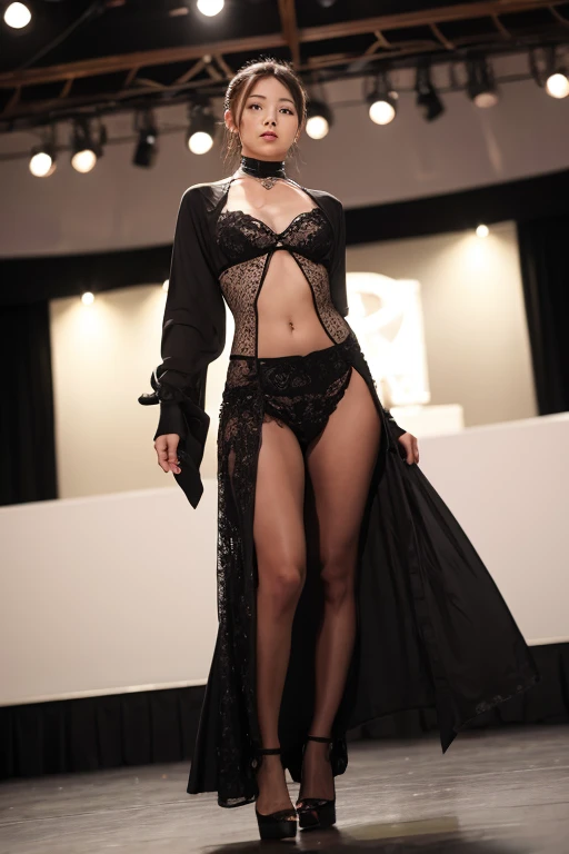 woman, long hair, on the catwalk, model, fashion show, lace black lace, sexy thong