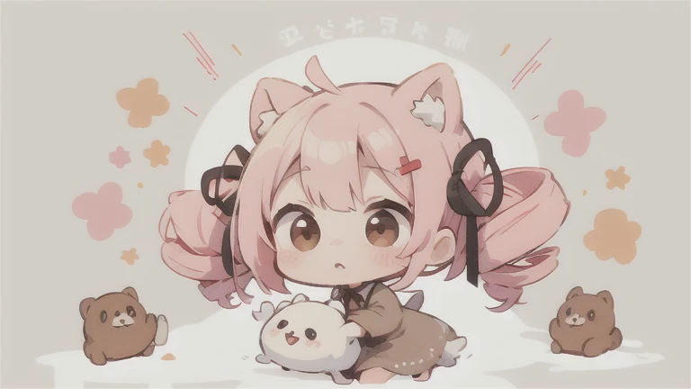 CUTE DESIGN , The most beautiful girl I've ever seen 、 chibi, deformed plain background 1 girl, drill twin tail, light pink hair Droopy white dog ears , chibiキャラ The vertical roll floats fluffy cute white and brown dress Put a brown ribbon on your hair Put the letters Puppy Seeds Now Loading