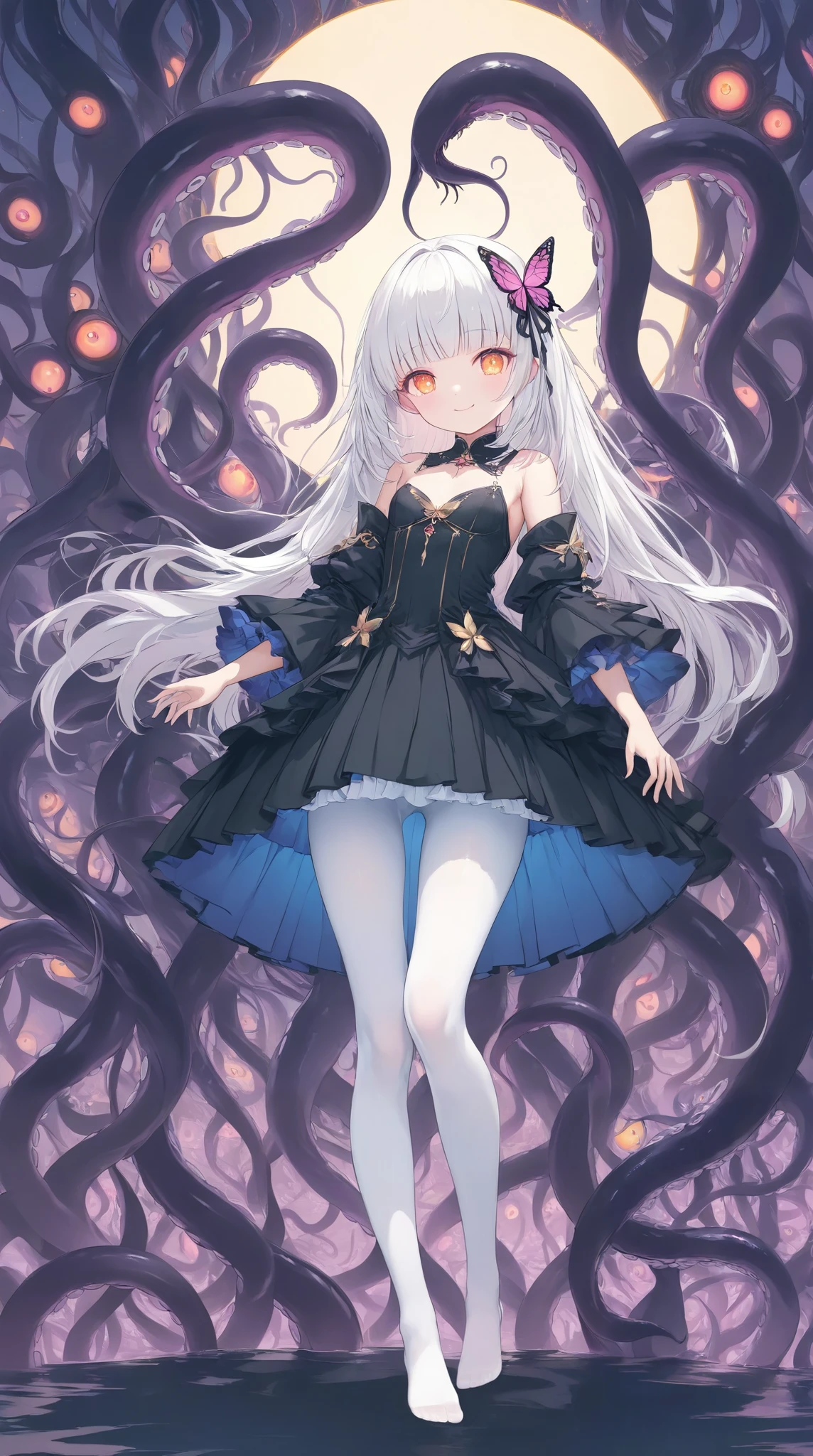 ultra-high resolution ,wallpaper, art book style , full-body photo ,Star, Butterfly,change, white hair ,Straight hair with full bangs,No headgear, orange eyes,Pink Eyeshadow, Glowing Eyes, small boobs, white pantyhose,A who is one meter four tall,black palace dress,Fashion changes ,stocking, charming smile,gaze, stands,Head tilt, long hair,(A monster with many eyes and tentacles), height detail, cinematic lighting, surreal atmosphere , bright color , 8k resolution,Show the sole of the foot, barefoot,Hold both sides of the skirt with both hands