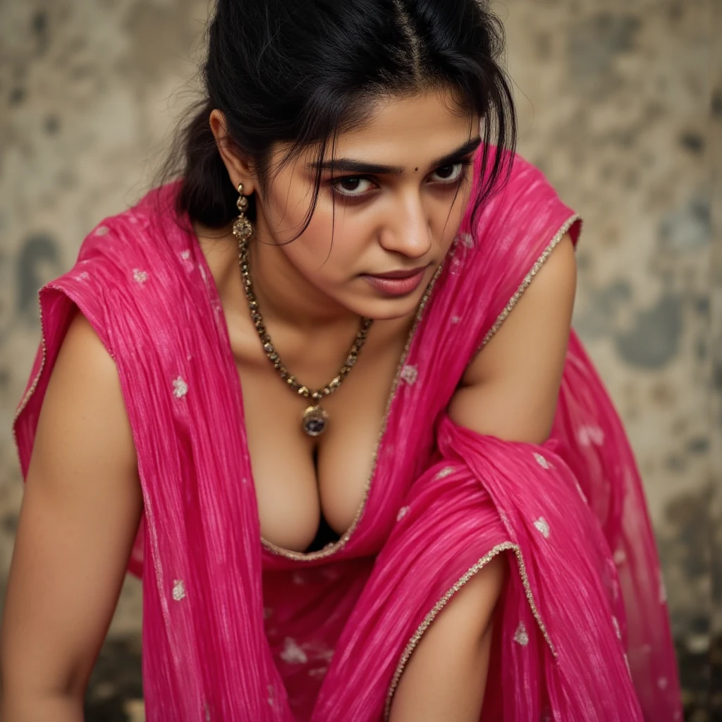 A very close picture of Indian, winding, hourglass figure, extremely ????????????? swoop, ??????, visible ???????, bend down and hanging ???????, Shows deep cleavage, Kneeling in ceremonies, French braid hair, necklace, ???? maroon saree and not wearing bra, visible ???????, Sultry, Alluring eyes, Look at the viewer and smile, (Cinematic:1.3), Complex details, (ArtStation:1.2