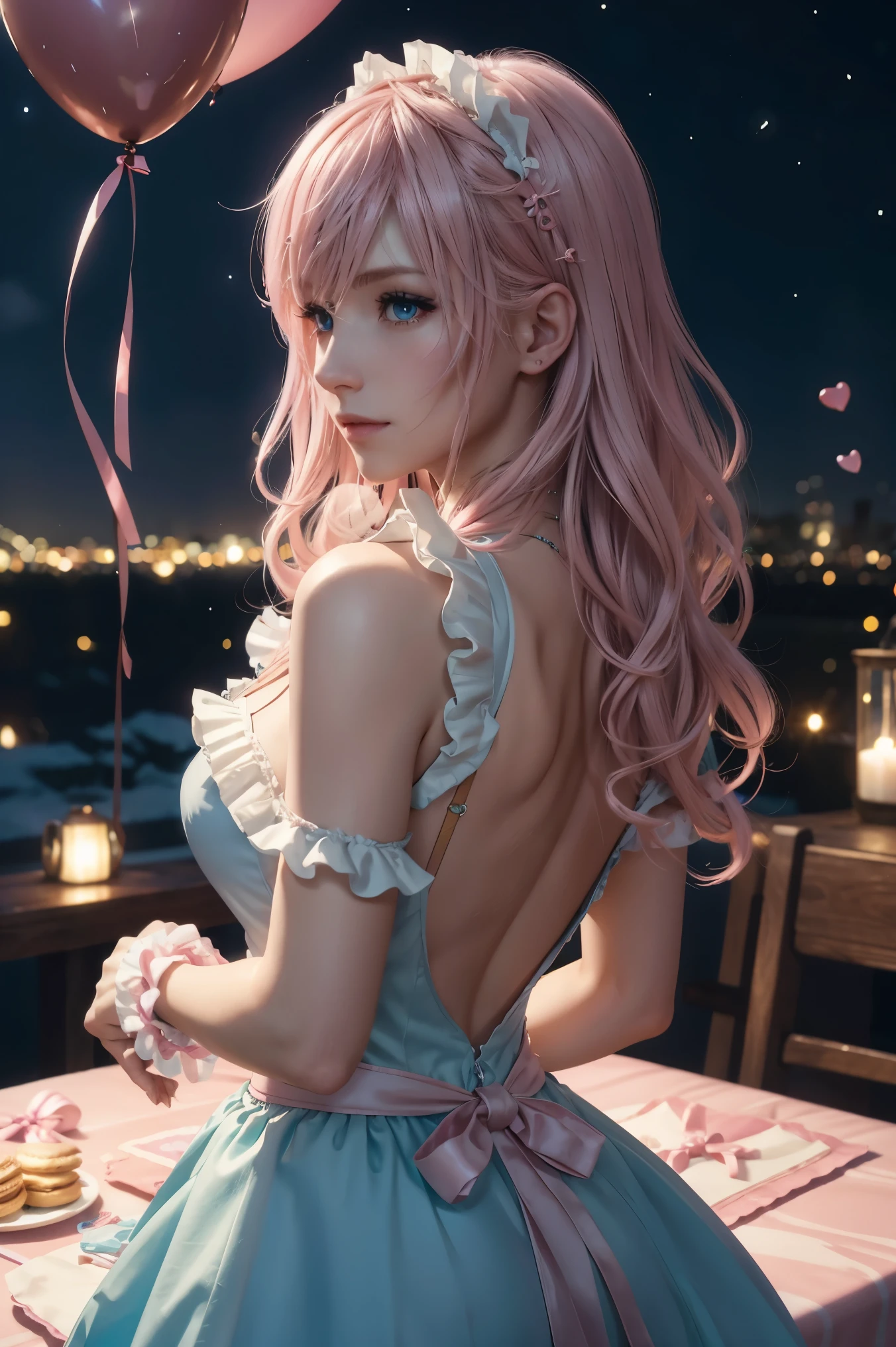 lightning , Final Fantasy,Pink Blonde, MEDIUM HAIR , light perm hair ,Curly hair on one side , lower the bangs, beautiful blue eyes, beautiful and high nose , Super High Definition, super quality, Masterpiece, DSLR, photorealistic, Detailed Details,Vivid details, Detailed , detailed face, Detailed Details,Super detail , realistic skin texture, colorful candy room , perfect anatomy, Anatomically Correct Hand , Anatomically Correct Fingers, ultra-high resolution energy A , sexy pose with a hard face,Beautiful back view,candy white ruffle shirt , pink apron , maid outfit, fantasy candy country , Valentine's Day, Valentine's Day , luxurious candy house , final fantasy ,豪華な Valentine's Day, heart-marked balloons , colorful chocolate , Colorful Macaroons, valentine's gift box, Mysterious Snowy Scenery , fantastic night view ,Fantastic night sky,It's snowing,Picturesque, Photographing Her Full Body ,9 heads, pink lip close-up from below, beautiful curly hair , Luxury Necklaces, highlight a beautiful whole body , high leg thong , smiles,Beautiful neon ,Rain of Hearts,