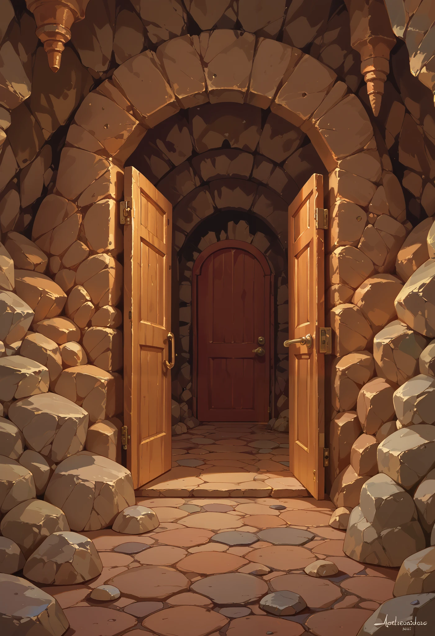 Score_9, Score_8_up, Score_7, masterpiece, 8k, intricate details, indoors, cave, stone floor, rock walls, (((dark atmosphere:1.1))), opened door to the dark cave,