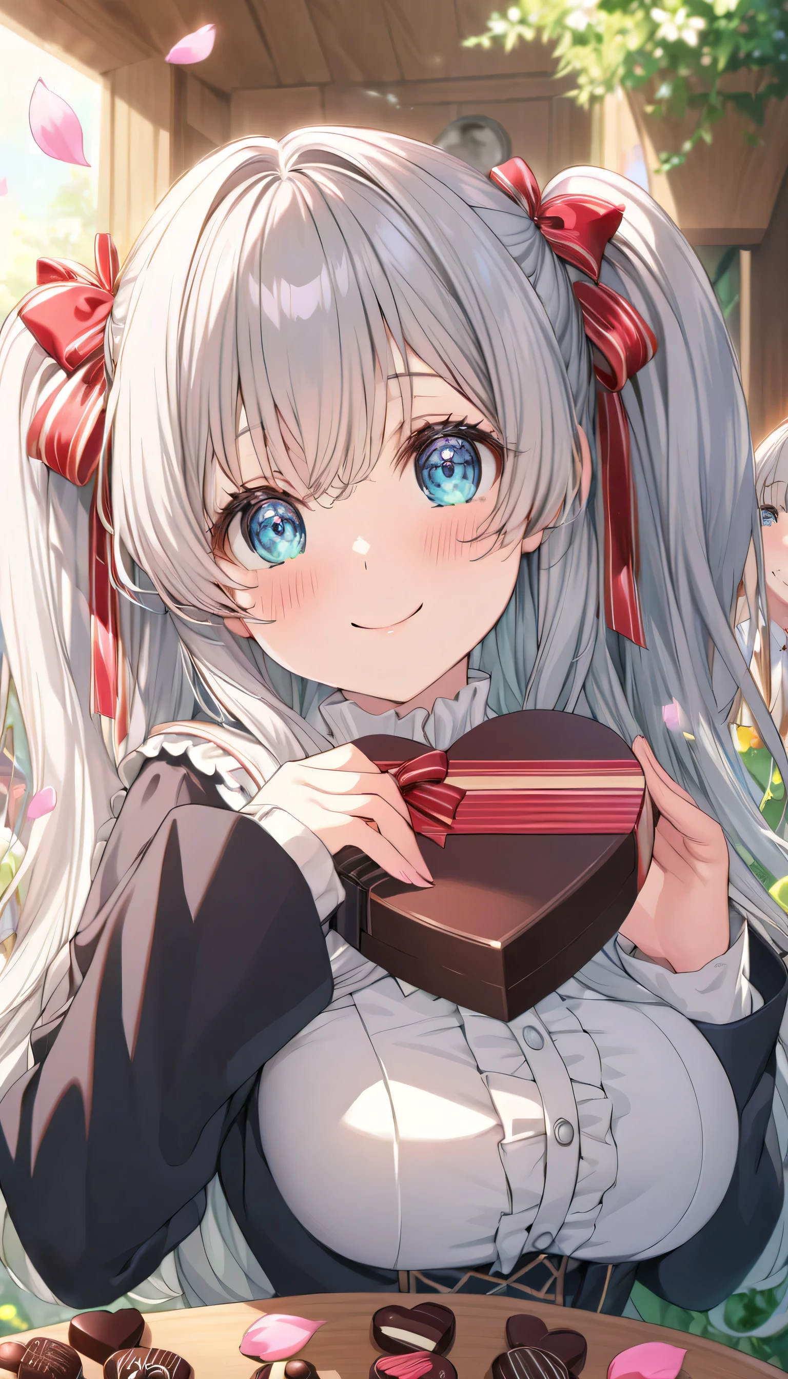 ((ultra-detailed)), (highly detailed CG illustration), (best quality:1.2), ultra-highly detailed, colorful composition, artistic photoshoot, 1girl, solo focus, ((upper body:1.4)), moe anime character, girl, dainty facial structure, (bab(round face), ((rounded chin:1.2)), ((ideal ratio body proportions)), celia-default, celia claire, (blue eyes), sparkle eyes, silver hair color, two side up, ((hair ribbon with red), (deep royal blue and white strips hair ribbon), ample breasts, school uniform, black blazer, modern style with fitted jacket, red neck bow, long sleeves white shirt, black pleated skirt, and black high socks, ((look of anticipation)), ((shy:1.4)), ((blush:1.4)), ((bashful:1.4)), ((excited)), ((full-face blush:1.4)), ample breasts, ((giving Valentine's chocolate)), ((chocolates in a heart box)), petals glowing and fluttering, standing by the victorian garden with flowers, beautiful detailed sky, dynamic pose, looking at viewer, best quality, masterpiece, looking up, expecting, pink cheek, blush, light pink gloss slip, portrait, depth of field, soft lighting, sidelighting, (shine), lighting, caustics, ray tracing, smile, perfect face, lustrous skin, highly detailed face, highly detailed eyes, perfect face, perfect nose, perfect hair, perfect eyes, perfect anatomy, beautiful hair, beautiful small face, extremely detailed face, beautiful detailed eyes, beautiful clavicle, beautiful body, beautiful huge breasts, leavage, breasts squeezed together, equalize the size of the left and right breasts, beautiful fingers, 4 fingers, 1 thumb, lovely, (very detailed background:1.0), (highly detailed background:1.0), spring aesthetic, intricate details, love atmosphere, spring colors palette, chromatic aberration