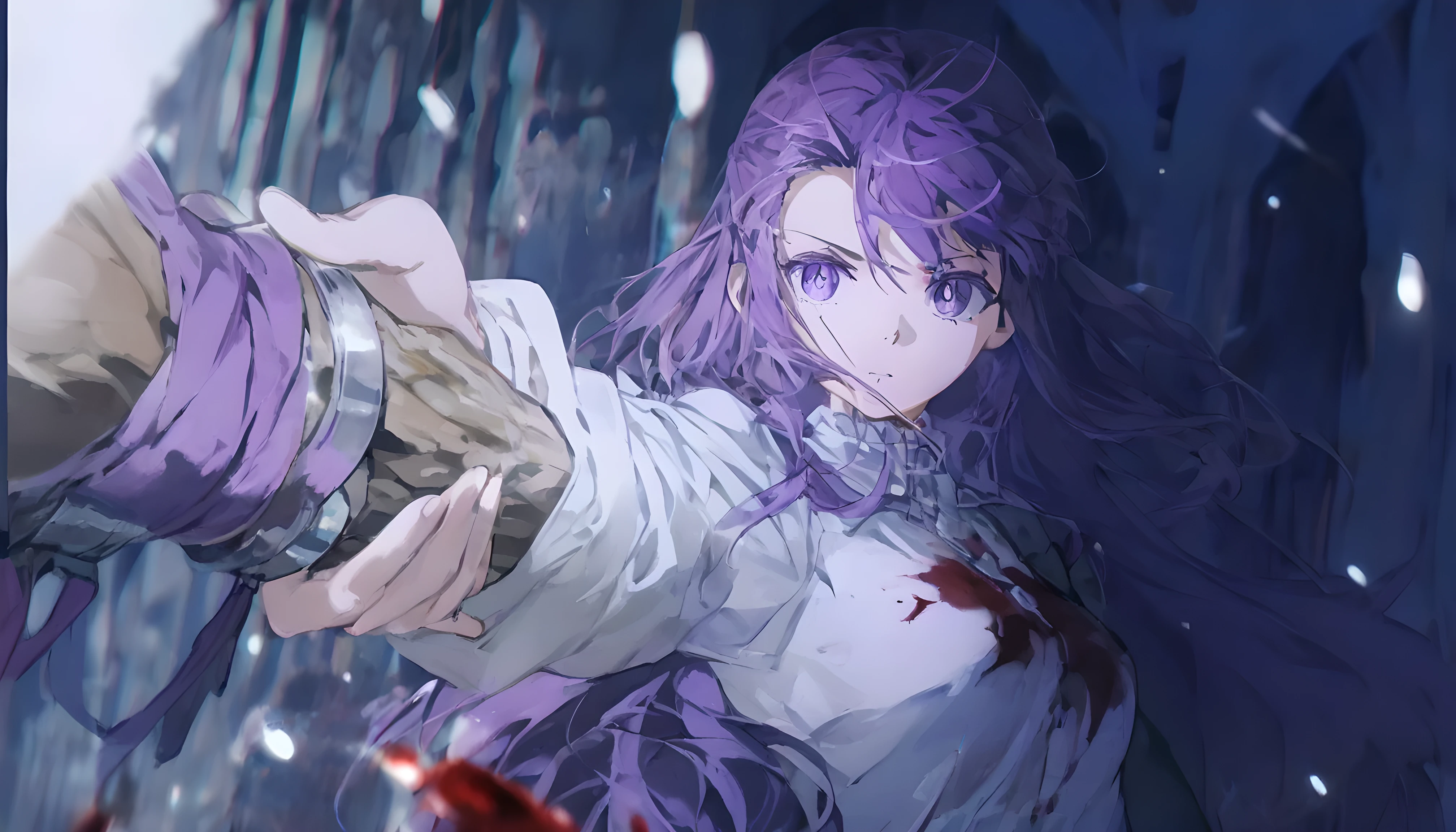 anime girl with purple hair holding a staff, anime style like fate/stay night, best anime 4k, detailed key anime art, fate / stay night, casting a spell, UHD, Colored Eyelashes, Illustration with movement, Modern, Japanese Illustration Style, Pupils Sparkling, High Resolution, Bright Pupils, Masterpiece, Solo, Super Detailed, Action Painting, white shirt, blood on shirt, score_9, score_8_up, score_7_up, score_6_up, score_5_up, score_4_up, source anime, fern, (blood) wide lines