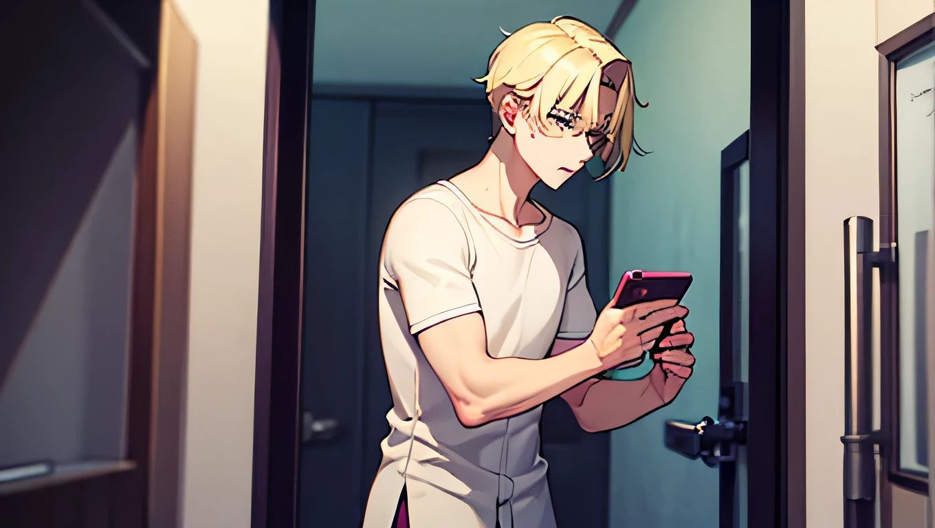 boy: Slightly tousled blond hair , blue eyes wide open in panic. Pale face , trembling lips , hands clutching phone . Stiff body , exhaled breath. crowded hospital corridor