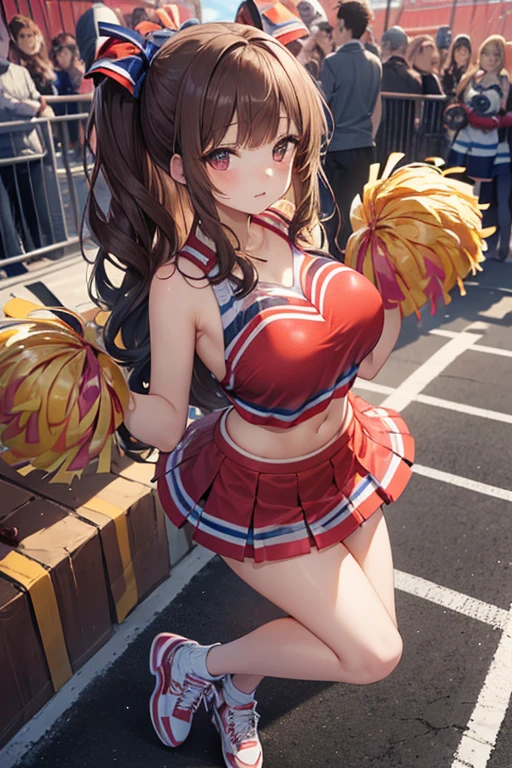 （cheerleaders:1.3）、(stadio:1.5)、(tiny chest:1.4)、Raw photography, top-quality, hight resolution, (​masterpiece), (Photorealsitic:1.4), Anime Cosplay, foco nítido, nffsw, 8K分辨率, intricate detailes, depth of fields, the Extremely Detailed CG Unity 8K Wallpapers, front lit, girl with, Smile、(A slender:1.5)、Wear a baseball cap on your head、see -through、Cheerleading pom-poms in hand、（Turn your buttocks:1.2）、Squatting、I can see my panties