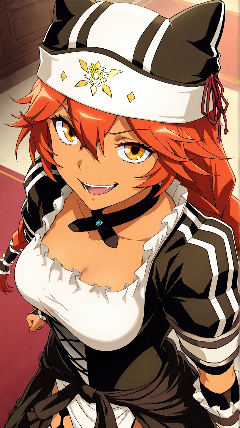 masterpiece, best quality, high quality, highres, absurdres, BETA, 1girl, solo, smile, open mouth, animal hat, teeth, :d, frills, collarbone, portrait, black choker, looking to the side, upper body, simple background, gradient background, upper teeth only, blue background, purple background, black headwear, maid, black dress, frown, <lora:BETA:0.9>