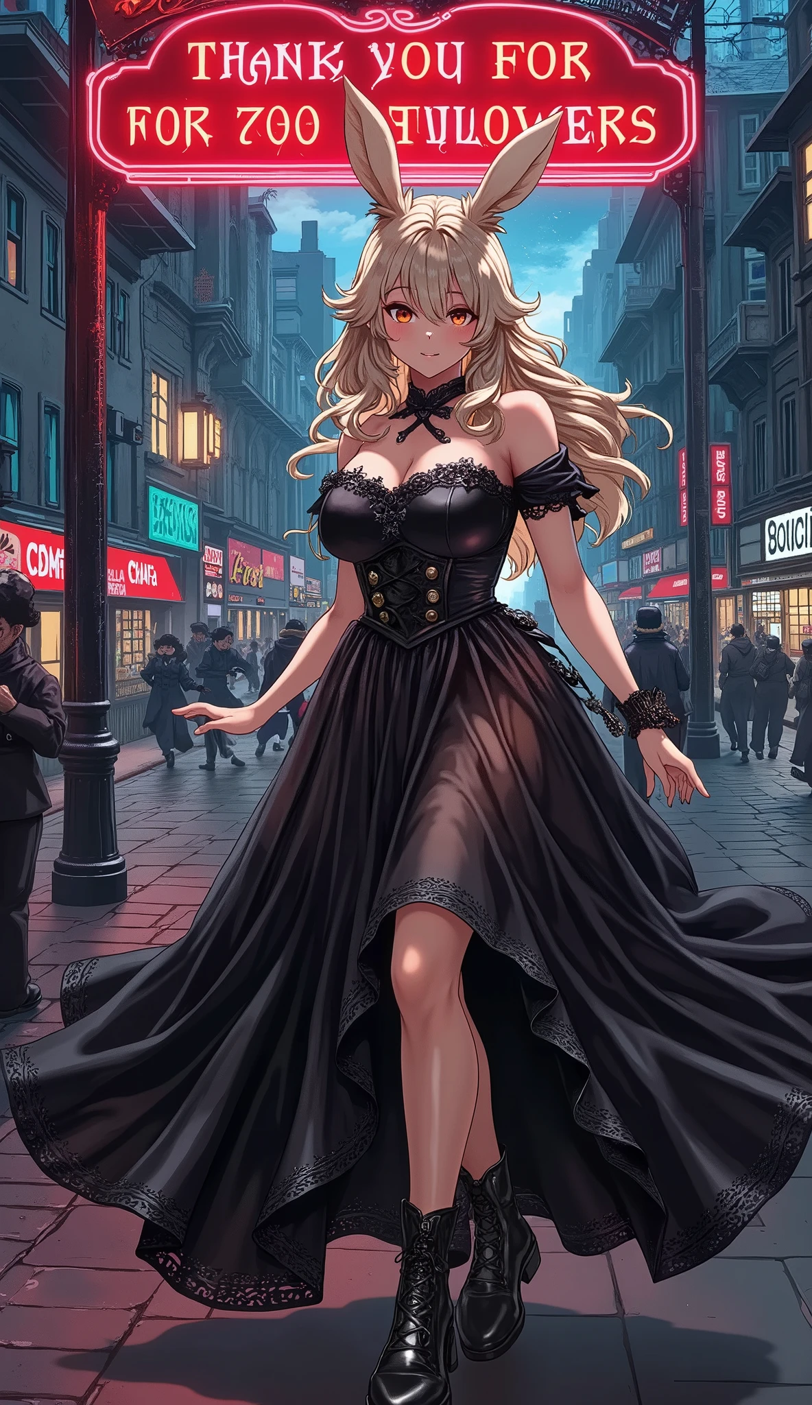 Japanese anime , Solo Girl, Viera in a gothic dress , midnight, night city, Viera seems to be having a great time , Viera's smile , , ( a big red neon sign is written " thank you for your 700 followers ":2.0),