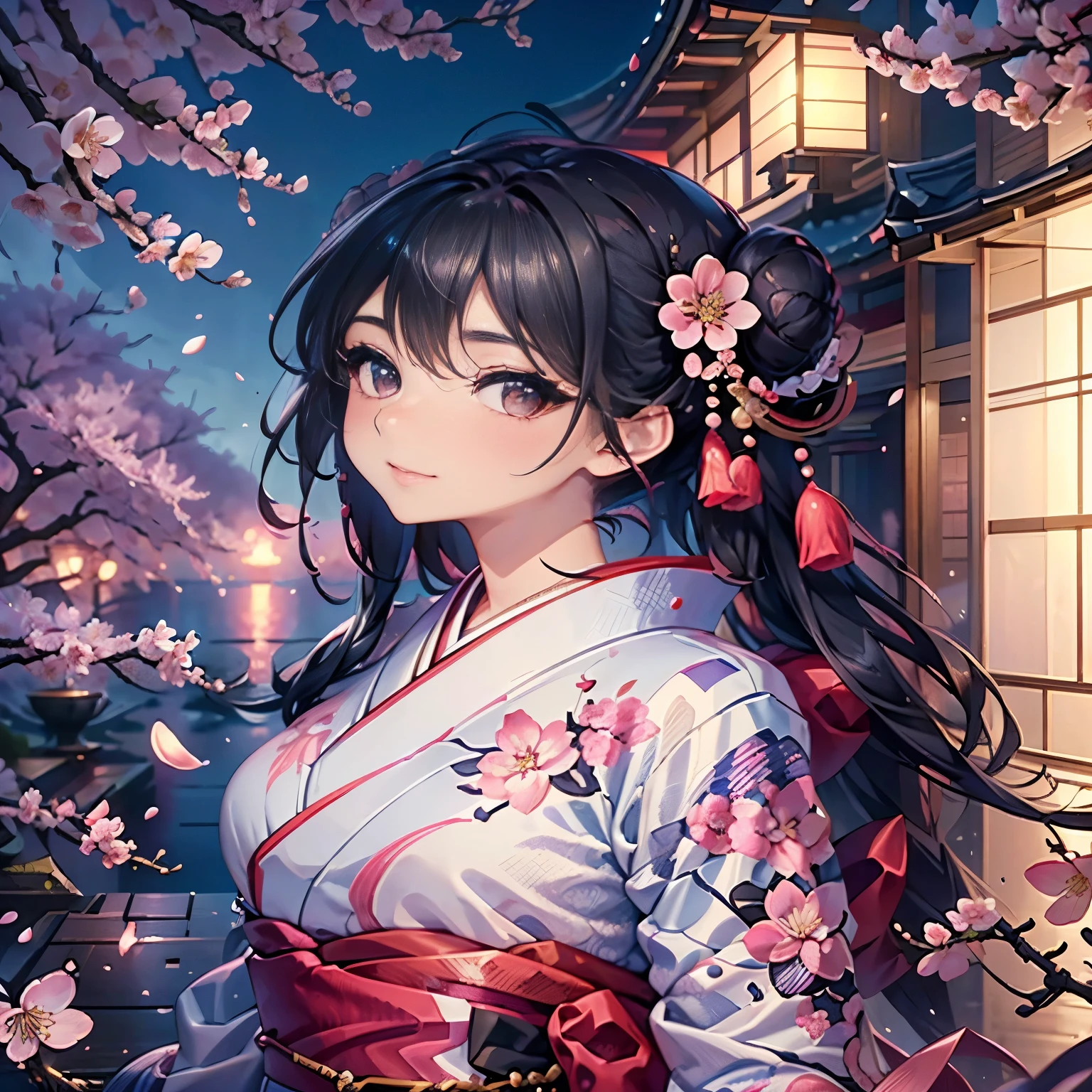 super precision , masterpiece, is ridiculous, exquisite, beautiful, happy, happy, fun , kimono, kimono, dramatic lights , Soft Lighting , intensely saturated color , vibrant colors, cute, fantasy, beautiful, romantic atmosphere, soft edge , (woman, smiles, Looking Ahead, bun hair, black hair, black eyes, big eyes, white skin, slim), delicate facial features, (Cherry blossoms bloom:1.8, midnight, moonlight,) upper body, from side, Side View, While looking at the starry sky , with a full moon,moonlight, Cherry Blossoms at Night