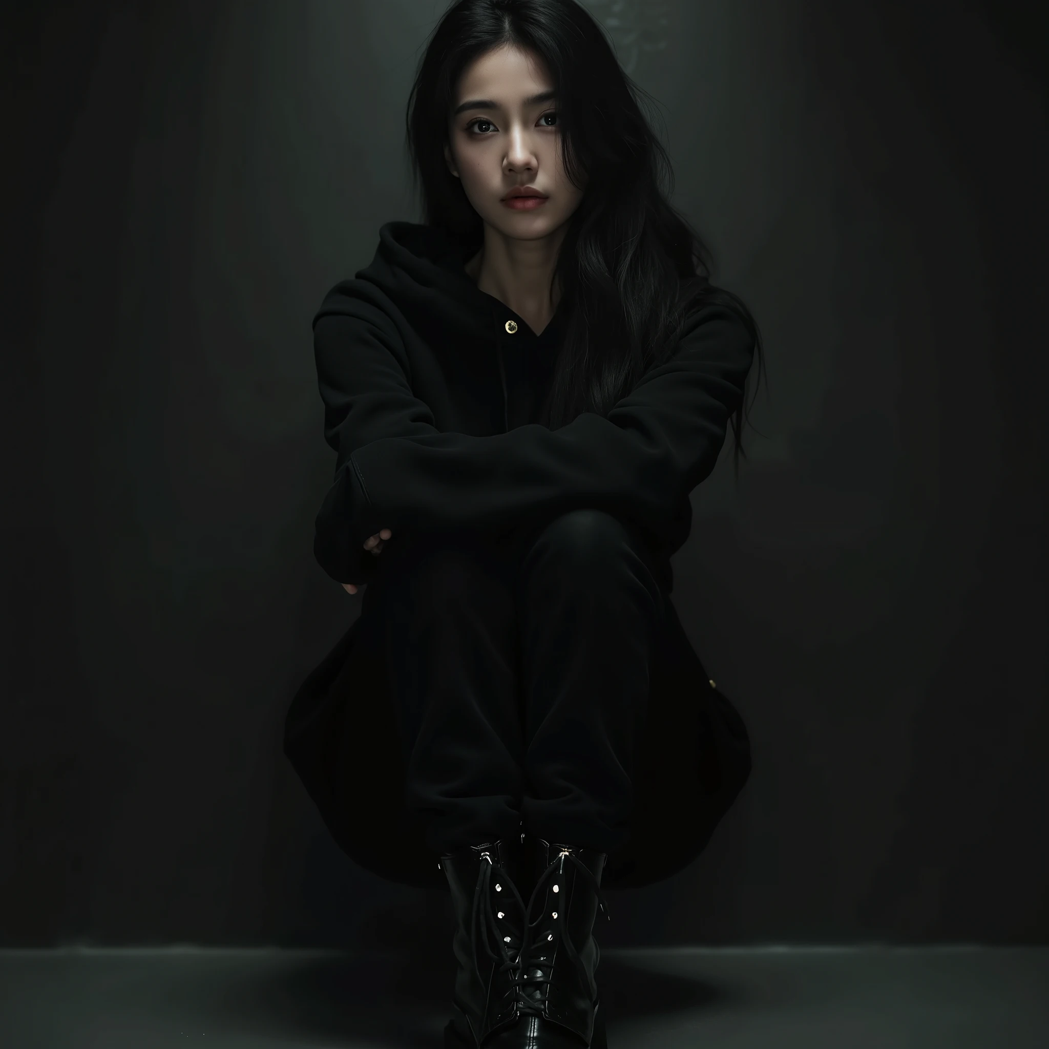 Girl with black hair, wearing a black hoodie, black pants, and black long-laced boots is walking