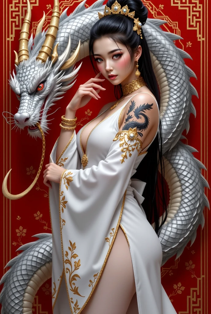 Elegant and intricate white and black kimono, adorned with gold bangles and a delicate chain necklace, her head turned slightly to the left, exuding grace and confidence. The background features a traditional Japanese pattern in rich red and gold, creating a striking contrast with her outfit. A majestic silver dragon with red accents coils around her, its scales shimmering with metallic detail, adding a mythical and powerful element to the scene. She looks directly at the viewer, her black hair styled in an elaborate updo, accented with ornate hairpins and jewelry. Her emerald green eyes glow softly, complementing her dark skin tone. She wears a soft smile, radiating calm and mystery. Additional details include intricate sleeve tattoos, white pants, tabi socks, and earrings that catch the light. The composition is balanced and dynamic, with the dragon's presence enhancing the overall aura of strength and elegance. Ultra-realistic, hyper-detailed, 8K resolution, HDR, cinematic lighting, and depth of field, creating a visually stunning and immersive artwork."