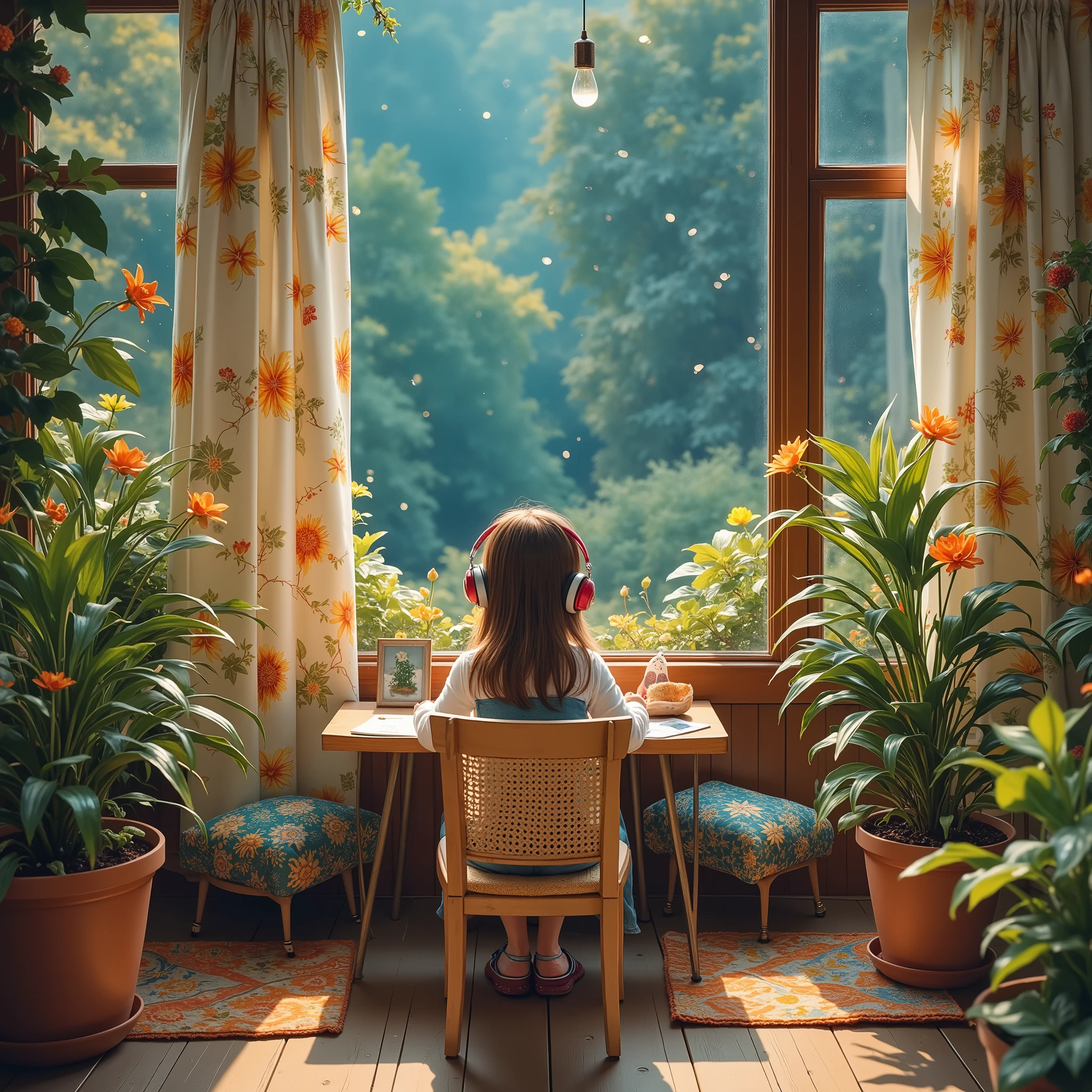 (masterpiece)，(High quality)， best quality，Reality，(Reality)，ultra detail，(Full details )，(4K，8k，indoor，table，sofa，Potted plants，chair， a girl studying, wearing headphones ，Wide-angle lens，window，ground，Quilt，Pillow，Night view，large glass window