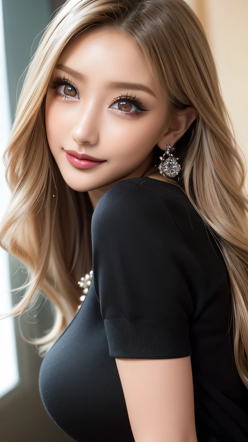  (超  Hi-Res,  Masterpiece,  anatomically correct,  textured skin,  super detailed,  highest quality,   Hi-Res, 8k, bloom,    front light  :1.2,  perfect dynamic composition), (24 years old, 1 person, Cute and sexy tutor, G-cup big breasts, sexy face, gal makeup, 、  Half open sexy lips 、     beautiful woman、(     Black sweater     , Sexy cleavage:1.1)、Perfect big breasts、( blonde alone      :1.1)、     beautiful skin that shines with bright,  Shiny Lipstick  、 sexy lips in duck mouth、 half open duck mouth lips、　 a lot of people stand out with clear images    、     bright color contacts       、Perfect gal makeup、    Perfect for an adorable companion  、(  Dark makeup for women      :1.2)、(             dark brown beige around the eyes             :1.1)、             Beautiful Bright Eye Shadow             、       dark sexy makeup around the eyes       、(Big Breasts:1.2)、       super long wavy hair       、(Romantic affection:1.1)、 amazing adult sex appeal The best smile he has when he sees me      、(       there are many people that accentuate body lines     ..:1.1)、(  strongly blurry 、       a   。:1.1)、(  The image is clear 、      jacket    :1.1)、       accurate anatomy、       ultra HD hair、(        Super Hi-Res Perfect Beautiful Teeth:1.1)、Ultra HD beautiful face   、       ultra HD hair、  crystal clear bang 、Ultra HD Shining Eyes、 Shining Super Hi-Res Beautiful Skin 、       Super Hi-Res Glossy Lips 、       Harry Winston necklace       
