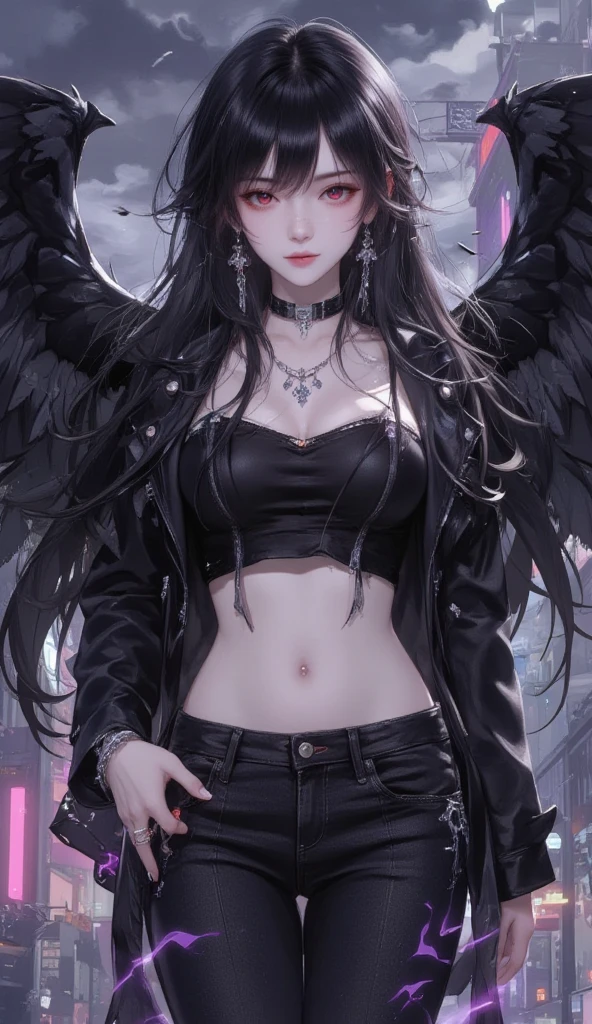 Model: long wavy black hair, full dark lips, Smoky eyes, BREAK, Setting: Room with black light, Broken glass, neon lights, BREAK, bodypaint: Polychromatic geometric patterns, Torso cover, Arms and legs, BREAK, Accessories: chrome chains for the body, Silver Choker, black feathered white black wings, BREAK, the pose: crouching, The head is tilted upwards, looking forward.