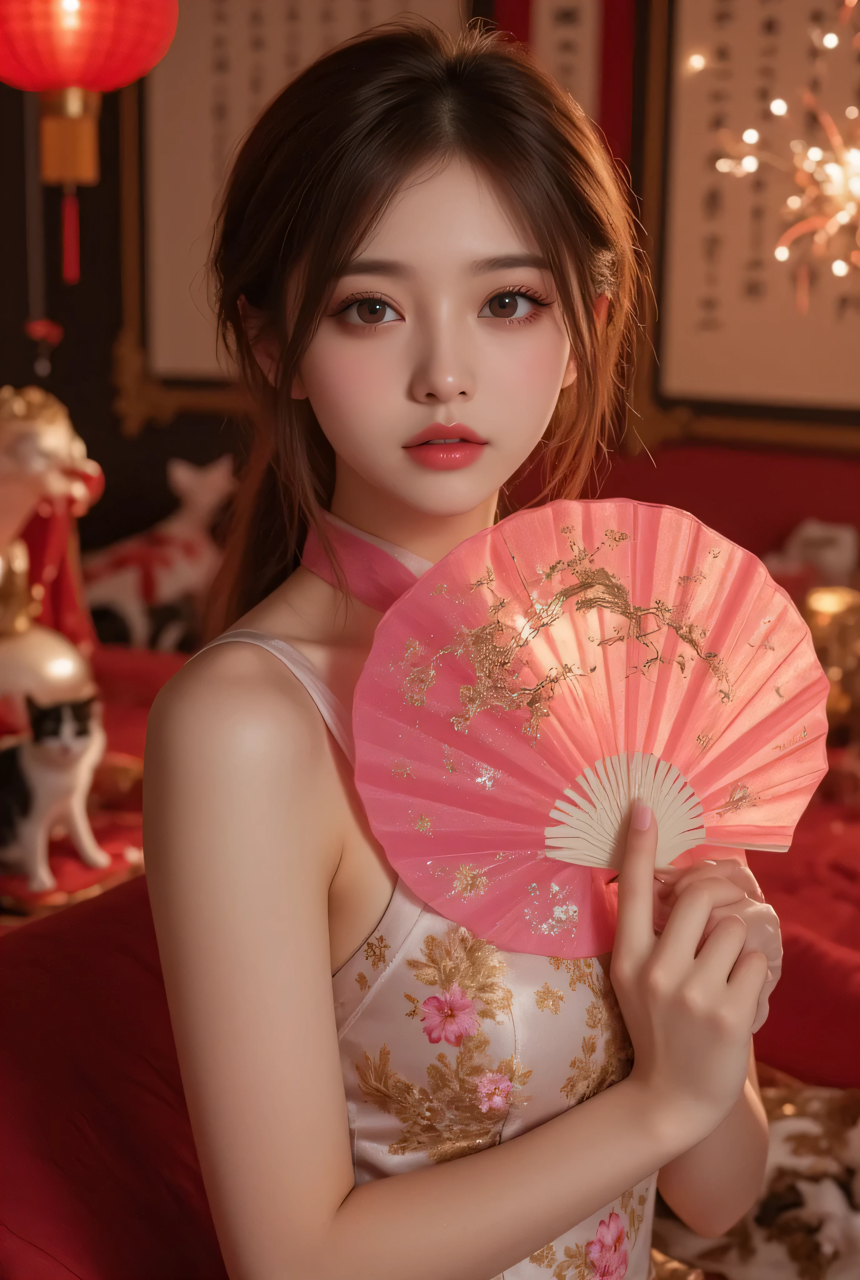 Cat ears、 face up, attractive, pretty girl, ponytail、 (( fine facial features , eroticism)), dramatic lighting , realistic , 8k, Dramatic Shadows , intricate and elaborate patterns , super detailed photo , chiaroscuro lighting , Pleasant colors , deep contrast , super real 、 pink lipstick、 warm room、Vintage Fireplace 、 cinematic composition、Close-up of face, pretty half part transparent open shoulder loose outfits dress, tang style, A beautiful Korean idol wearing a one piece red- black tightly cheongsam with phoenix and intricate floral golden embroidery, golden and silver outline on dress, hand hold pink feathers transparent Chinese fan with golden ink painting of bird and tree , standing gracefully in a room filled with traditional Chinese New Year decorations. The room features vibrant red lanterns, decorative calligraphy scrolls, a small Chinese orange tree with golden ornaments, and several red envelopes scattered across the floor and hanging from the tree. Adorable, playful cats are part of the scene—some sitting near the tree, others curiously pawing at the red envelopes or lounging around. Through a window or an open door in the background, vibrant Chinese fireworks light up the night sky in an array of reds, golds, and blues, casting a magical glow into the room. The idol’s outfit is paired with subtle accessories like red hairpins or earrings, complementing the festive look. The atmosphere is warm and lively, filled with the joyful essence of the celebration, enhanced by the shimmering lights of the fireworks and the lively decor.