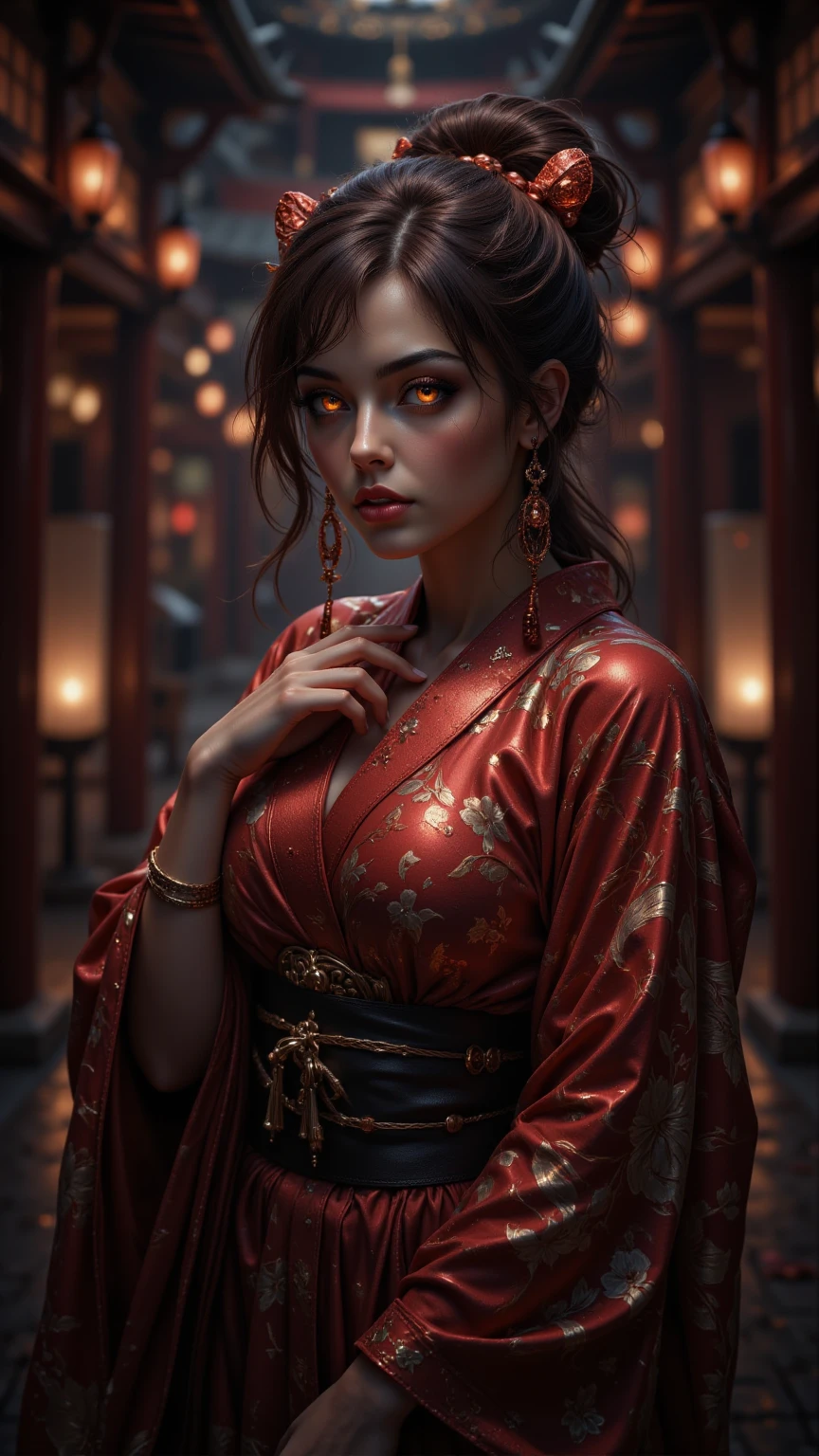 I want a BROWN woman with eyes covered in a demonic red aura, I want her to have a serious expression and extremely dark and firm eyes, and an extremely strong red demonic aura that surrounds his entire being, this woman has two horns that are embedded in red flames and will have long black hair, and wore a black kimono with blood red butterflies, appear to be at least 24 years old. captured in an ultra-realistic full HD 4K portrait, detailed texture showing its menacing shape, Immersive atmosphere, high definition shadow play, digitalpainting, nevoa no environment. I want a different monster from each other and make the image darker, obscure, creating a dark and dimly lit horror atmosphere!