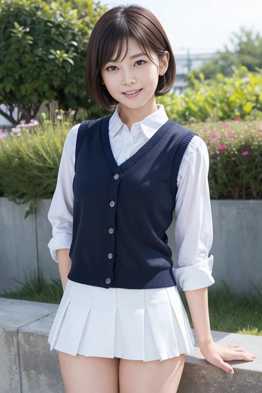 (masterpiece:1.2, highest quality), (realistic, photorealistic:1.4), beautiful illustrations, (natural side lighting, movie lighting), Depth of written boundary,
looking at the viewer, (face focus, Upper body), Front view, 1 girl, japanese, high school girl, 15 years old, perfect face, Cute symmetrical face, shiny skin,
(bob hair:1.7,blonde), asymmetrical bangs, Big eyes, droopy eyes, long eyelashes chest), thin,
beautiful hair, beautiful face, fine and beautiful eyes, beautiful clavicle, beautiful body, beautiful breasts, beautiful thighs, beautiful feet, beautiful fingers,
((fine fabric texture, brown knit vest, short sleeve white collar shirt, navy pleated skirt, Navy bow tie)),
(beautiful scenery), evening, (Inside the flower shop), Are standing, (smile, Upper grade, open your mouth), (((skirt lift, No panties, genitals visible))), full body shot, dark blue socks,