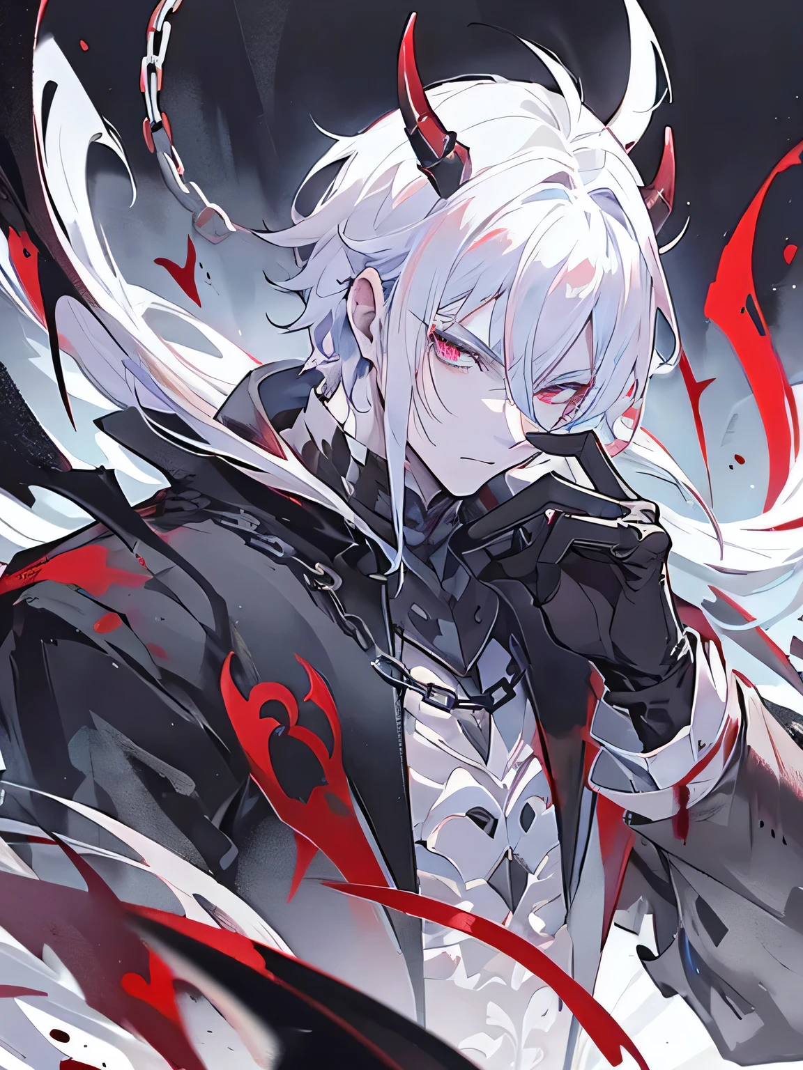 Demon, gentle man, blood, chain, magic, ready to fight, insane, man, masked, top hat, gloves, white hair, gentle man