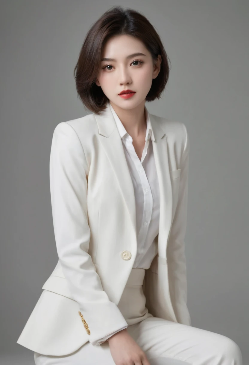 fashion cover, front view, upper-body, woman model, white marble wall, black suit, green shirt, yellow pants