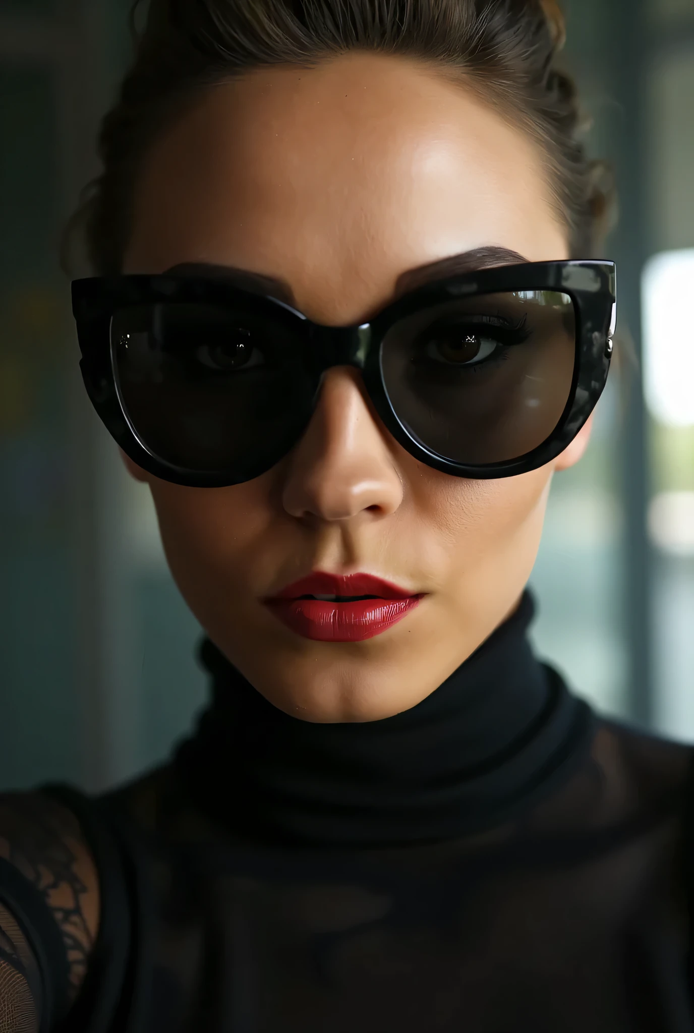  A vivid portrait of a ferocious woman with piercing eyes and bold ,  direct eye contact .  She wears natural-looking brick-red lipstick and large , avant-garde glasses .  The composition embodies a high-fashion editorial aesthetic ,  combining ethereal beauty with dramatic shadow with and luxurious .  A distant perspective places the subject in 30 % The frames,  fashion details leaving enough negative space around her head for a modern,  Minimalist style .  A subtle 3D effect enhances the visual depth ,  creating a captivating and dynamic image .