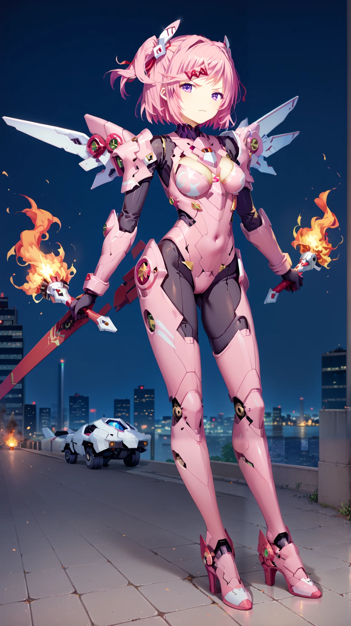 (manga_style), anime, masterpiece, best quality, (best quality), (best illustration), burning_city, fire in background, (full_body), sexy, (natsuki), fang, hair ornament, pink hair, purple eyes, short hair, short sidetail, x hair ornament, (serious_face), (asukange), white_armor, (mecha musume), 1r0nm3n, armor, headgear, Machan Exoskeleton Suit
