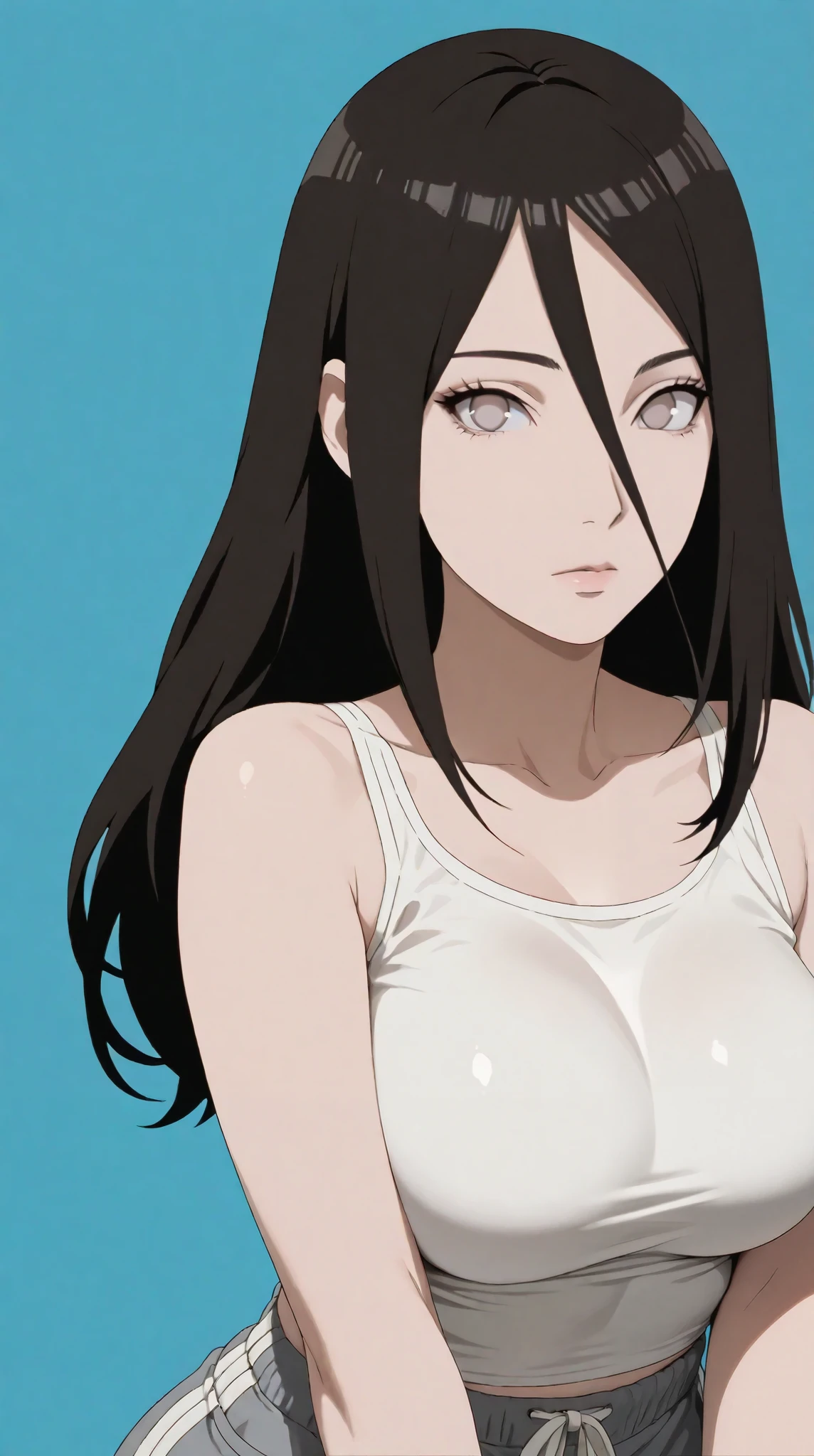 masterpiece, extremely detailed,perfect skin texture,4k,solo,1girl ,((fullbody)),hanabi hyuuga, long hair, black hair, hair between eyes, white eyes, no pupils,, kawaii,sexy legs,perfect body,large breasts,bangs,brown eyes,white t-shirt,grey shorts,housewife, high detailed, best quality, upper body, blue plain background ,((blue background)),front look, photography,cowboy shot,looking at viewers