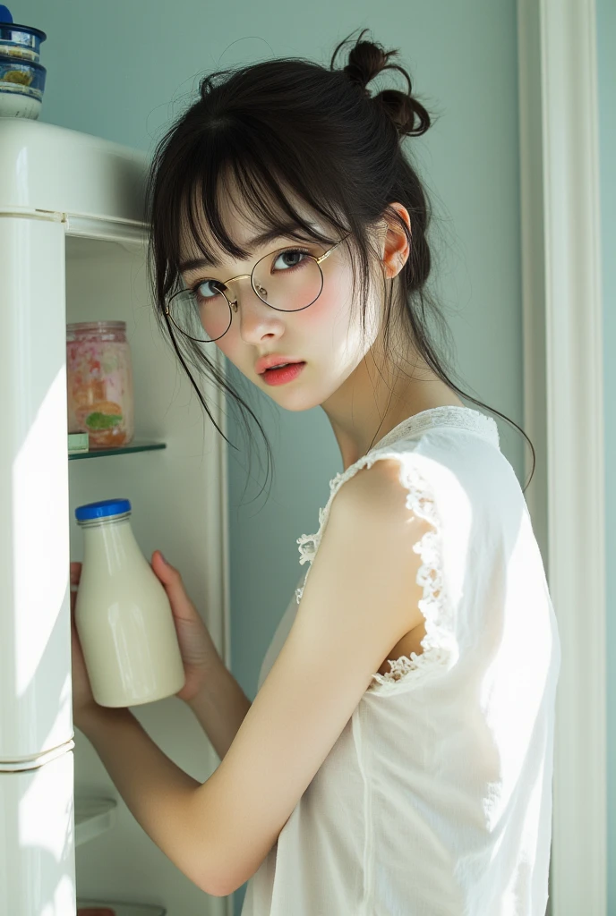 (table top、highest quality、8k、Award-winning work、ultra high resolution)、one girl、 (beautiful dress:1.1)、(Flower field background with countless flowers:1.2)、(The background is a colorful flower field:1.2)、(perfect anatomy:1.1)、(close up of face:1.1)、Lustrous and beautiful hair、Super high-definition sparkling brown eyes、(Shiny and beautiful skin:1.2)、(Beautiful skin that is extremely brightly illuminated:1.2)、beautiful glossy lips、the most romantic love mood、(very bright and vivid:1.2)、(straight short hair:1.1)、(perfectly closed lips:1.1)、(Face covered with a large amount of semen:1.5)、(Glasses covered in a large amount of semen:1.4)