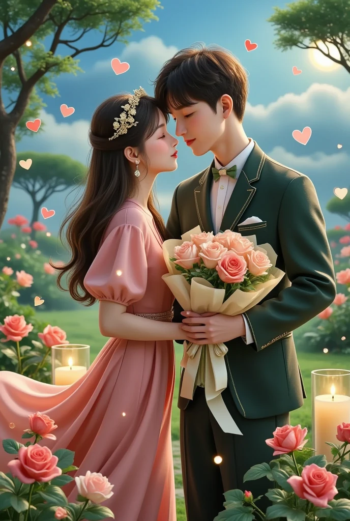Share a romantic dance , Valentine's Day,一对情侣在迷人的garden中心跳浪漫的舞蹈. The scene is illuminated by floating candles and lanterns , projects a warm , Gently. garden , From the delicate petals of the flower to the verdant leaves , The intricate details are presented in amazing 8K resolution . The couple, Indulge in your arms , Exudes deep love and connection . The atmosphere is full of fantastic magic , The surroundings are highlighted by soft light and serene beauty .