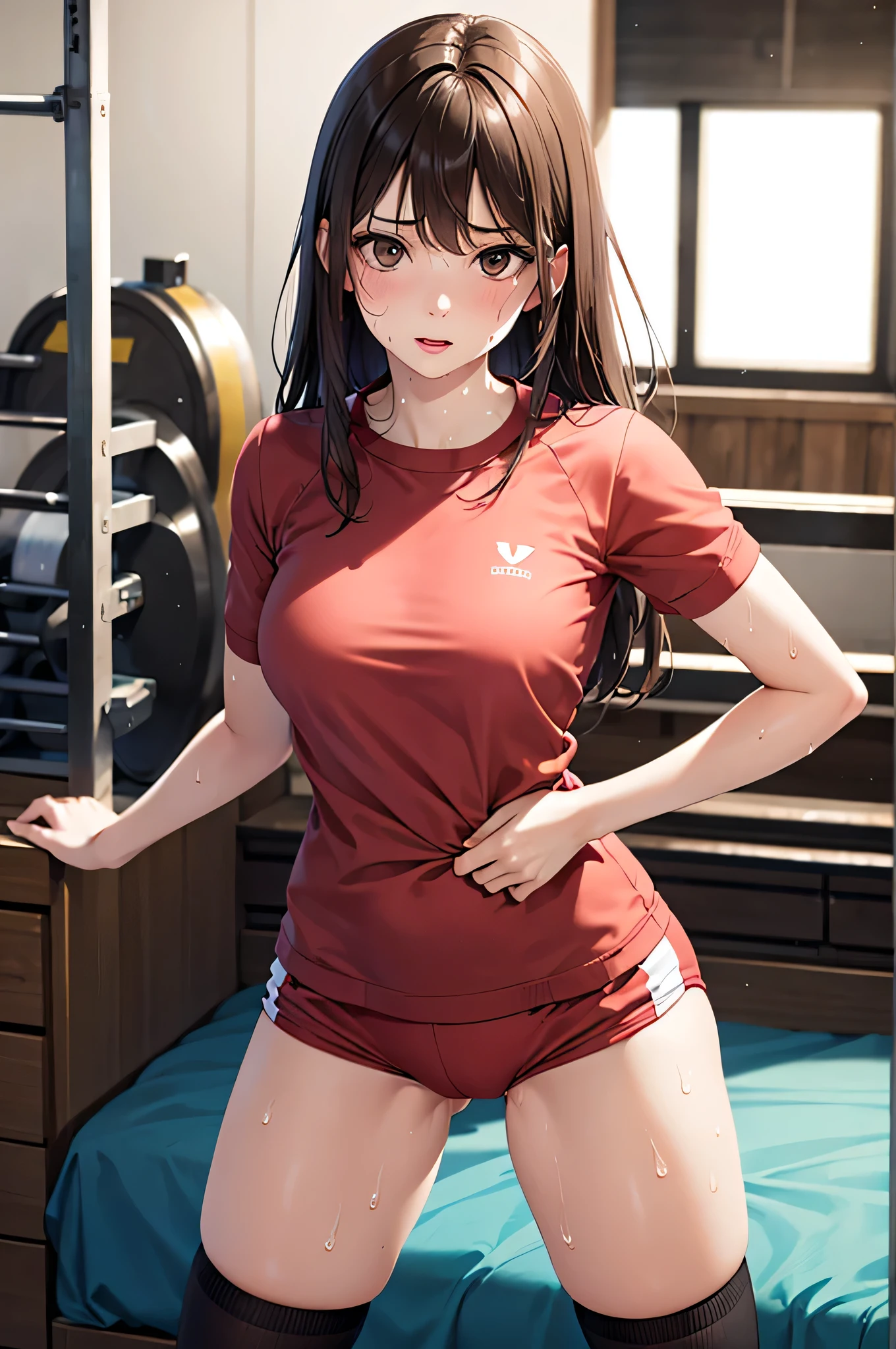 adult woman, alone, sexy, 8k resolution,(( top quality)), ultra high resolution, ( distressed face), ( brown eyes), beautiful symmetrical face , ( brown long hair), gym clothes, bloomers, knee-high socks,Realistic:1.4, by Nomi:1.4,( Masterpiece:1.2), perfect eyes, Perfect Eyes, anatomically correct human body ,Perfect waist,Perfect thighs,( open your mouth:0.8),(Sigh), Tool Room, open legs, bed-like background ,(sweat:1.3)