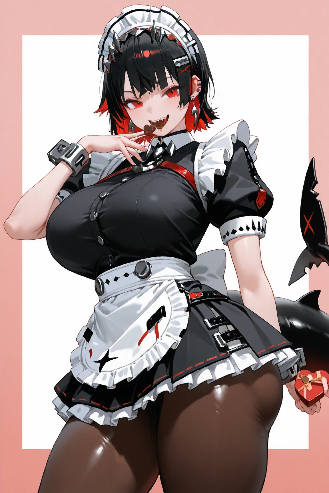 (((masterpiece,Highest Resolution,4K High Resolution,Crisp image quality:1.3)Pussy juice(Detailed Hair,garter belt,One Girl(Large Breasts)Alternative costumes ,Maid, Shark Tail, Wrist cuff, Maidheaddress, Red eyes ,Two-tone hair with red on the inside,(A man thrusts his penis into her pussy violently)high school student,Vaginal cross section