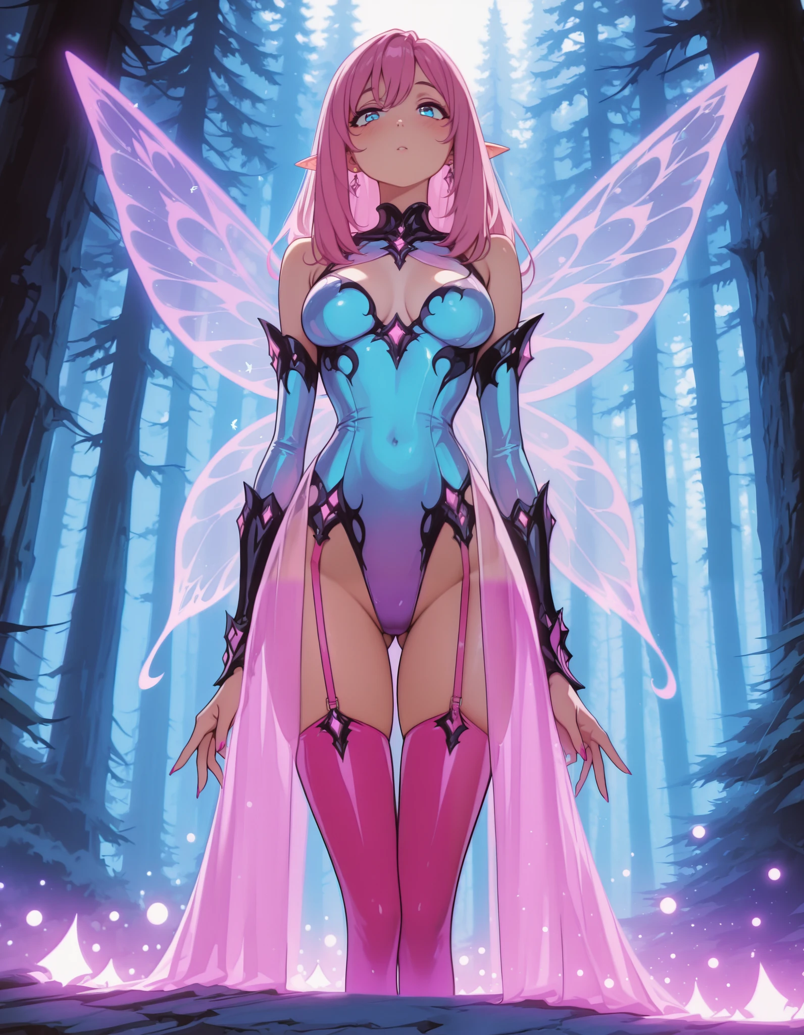 score_9, score_8_up, score_7_up, score_6_up, score_5_up, score_4_up, (masterpiece), 1girl, alone, full body, flying, hovering in the air, tiny faerie, mini fairy girl flying, mature, sexy, pink hair, long hair, long blunts, PERKY breasts, Anime illustration, stylized, pulp art, beautiful stunning girl, busty, colorful, (perky) tits, HDR, 8k, high contrast, masterpiece, best quality, amazing quality, very aesthetic, high resolution, ultra-detailed, absurdres, newest, scenery, (1girl, upper body shot, fairy, elf, breasts curtains, jewelry straps garter, pink highsocks, Translucent and colorful fairy wings, ((wearing translucent coat)), transparent, fur_trim, neon, fantasy, forest background, looking to viewer, thin, flapping wings, tiny, mini girl, faerie, fairy, (BIG bio-luminescent WINGS), dynamic angle,