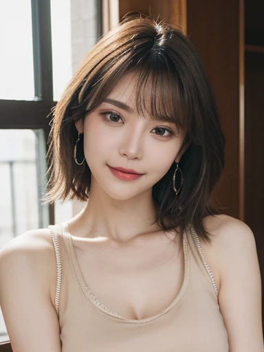 ((masterpiece, Highest quality, Super detailed, Hyperrealism)), Adorable girl, Facing the camera, Realistic, , Very detailed, Sharp focus, Perfect Face, Perfect Plump Lips, Solo Angel, Cinematic, Film Light, Super detailed, Atmospheric, High resolution, Vibrant, Dynamic Studio Lighting, Browsing Caution, ((Dark and sparkly background)), Sexy Face, Blushed, Straight bangs, (膨らんだLarge Breasts, Ample cleavage),  Two women，Equal height，Chestnut-colored hair，Facing each other，Two bodies approaching，、Photo of the two of them、Holding hands and facing each other、向かい合うPhoto of the two of them、Push each other、Put your boobs together、Huge 、Super big breasts、Large Breasts、Shorts、Tank top、Belly button