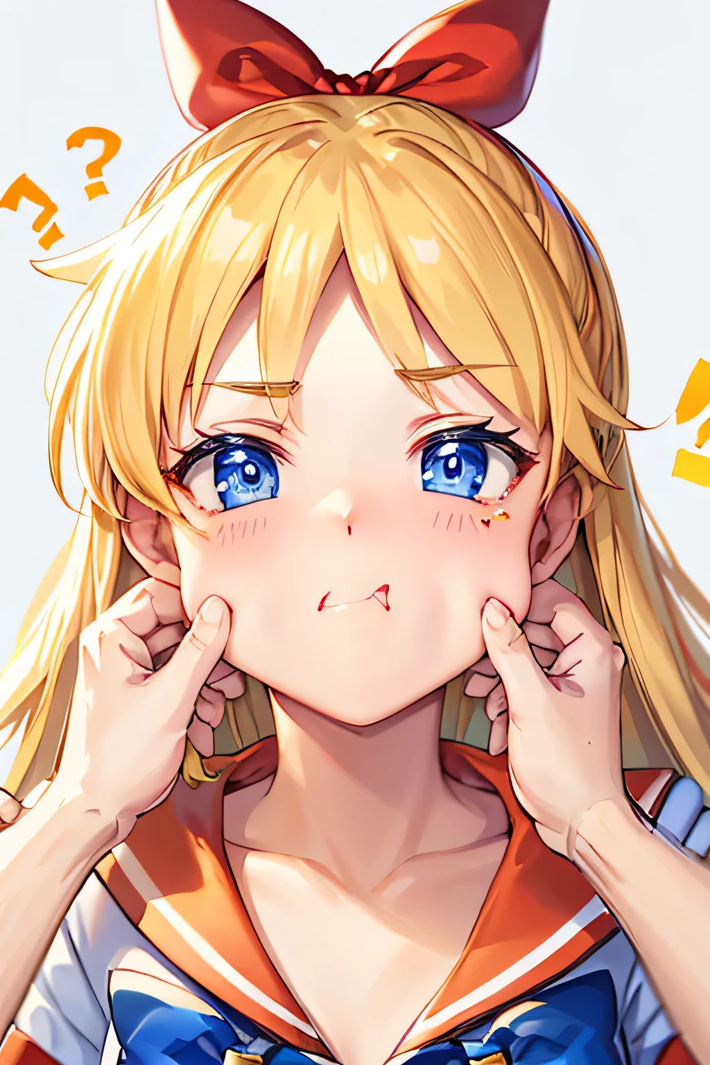 PinchingPOV:1.2, Masterpiece,  top quality,  Ultra Detailed, 8K, Anime, face focus, (Aino Minako), (Sailor Venus), blue eyes, funny pouting face:1.5, blush, orange Sailor, blonde long hair with red ribbon, tiara, pinching cheek:1.2, onomatopoeia:1.1, floating punctuation marks:1.4