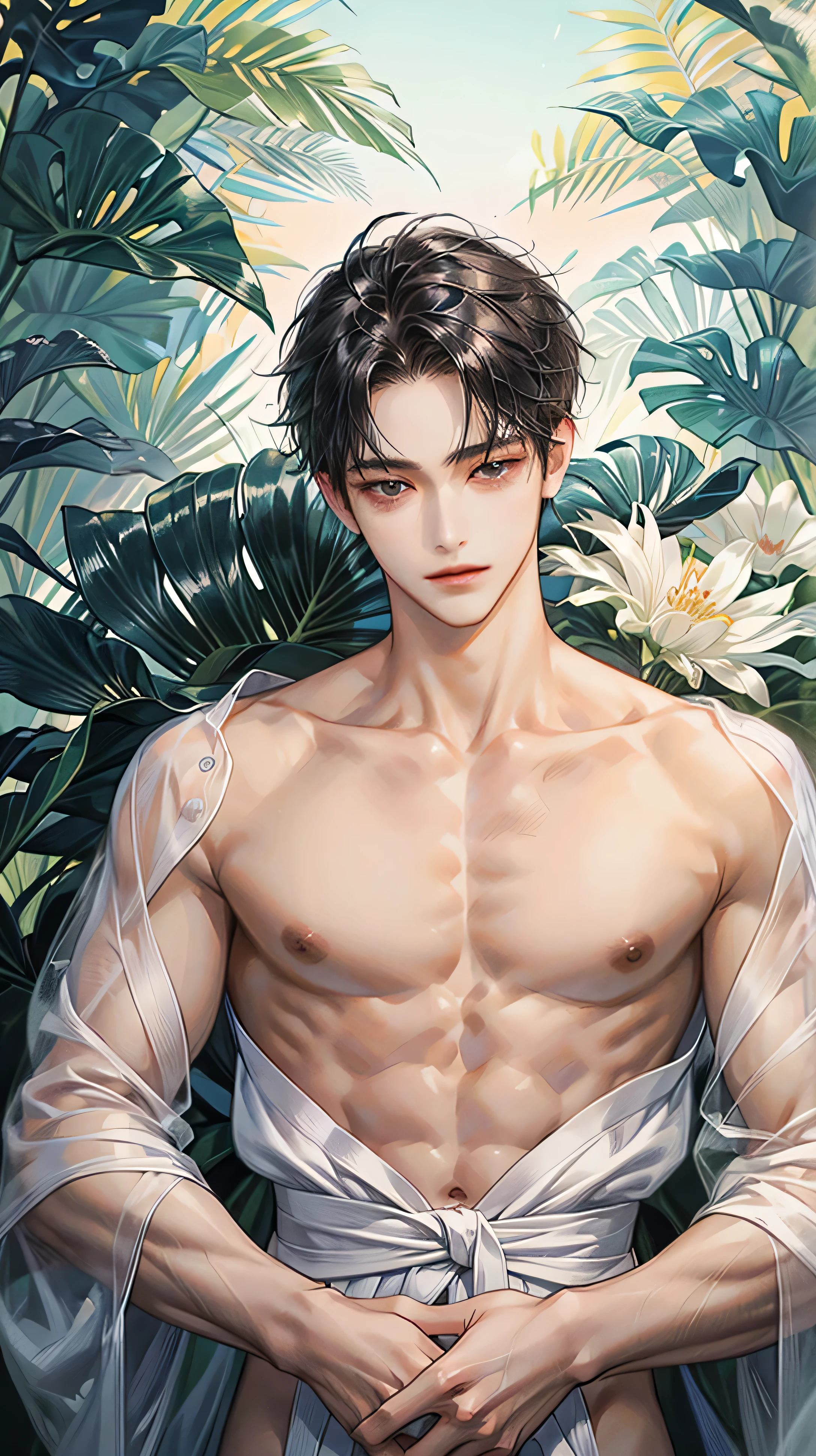 1boy,10 talents、(Man's :2) ,Handsome boy,A dark-haired、tattooed、(Upper body naked:1.5)、knifes、bathrobe、mid night 、Japanese garden、ink and watercolor painting、Chinese charactersa、dark ilumination、hightquality、masutepiece,8K,NSFW,guy fringe hairstyle, body tattoo.